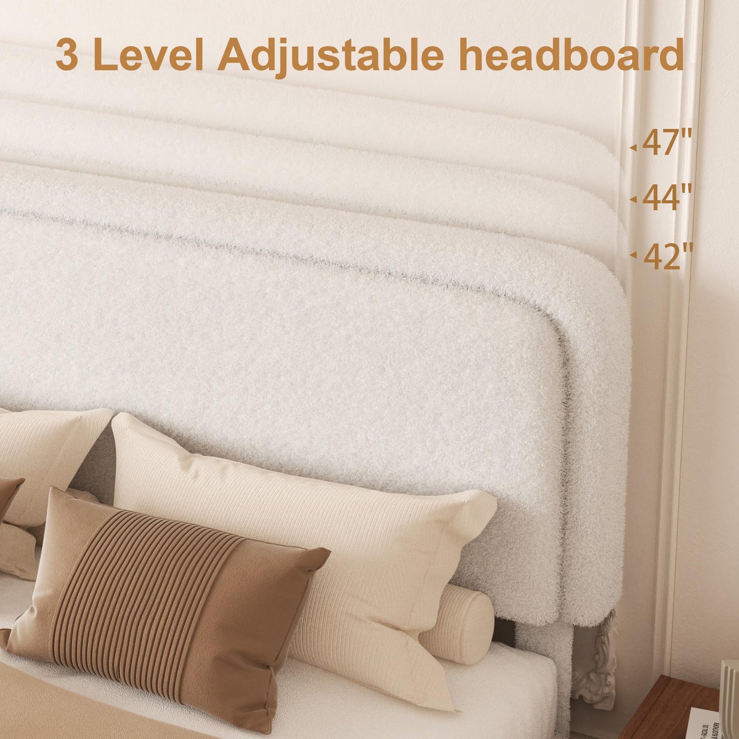 viplov King Size Boucle Upholstered Platform Bed Frame with Adjustable Headboard, Soft Cloud Bed, No Box Spring Needed, Noise Free, Easy Assembly, White