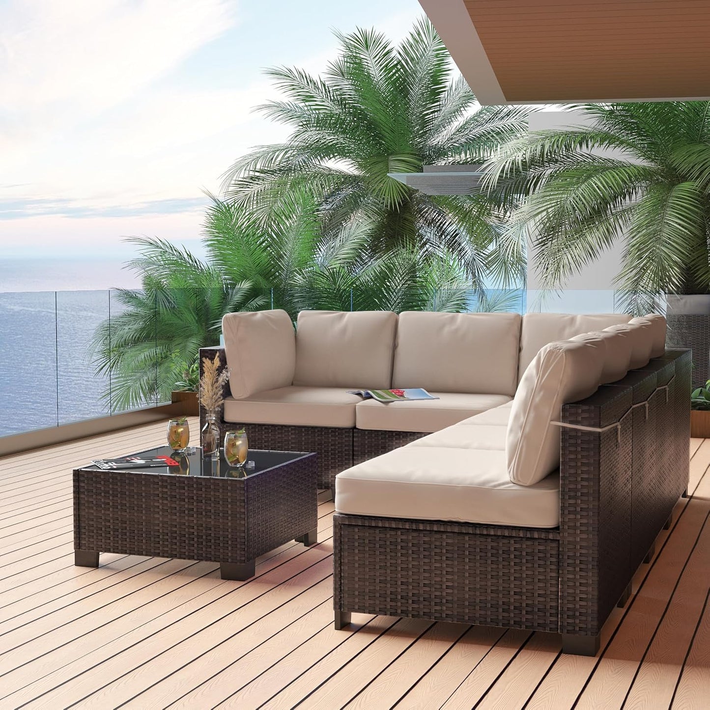 7 Piece Outdoor Patio Furniture Set, PE Rattan Conversation Sofa Set, Wicker Patio Set w/Thick Cushions & Glass Top Coffee Table, All-Weather Outside Furniture for Garden, Balcony,Porch(Brown+Beige)