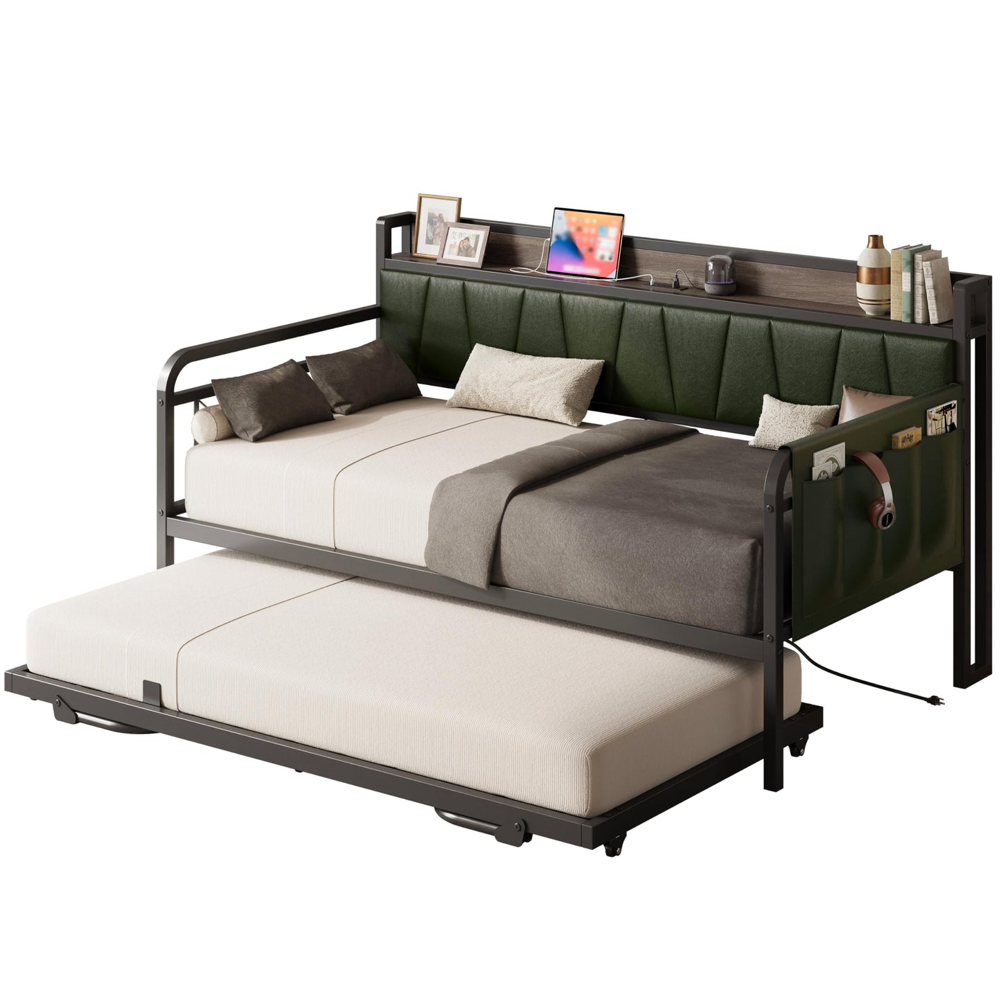 LIKIMIO Twin Daybed, Day Bed with Trundle, Storage Upholstered Headboard and Charging Station, Trundle Bed with Strong Supports for Living Room, Bedroom, and Guest Room, Dark Green