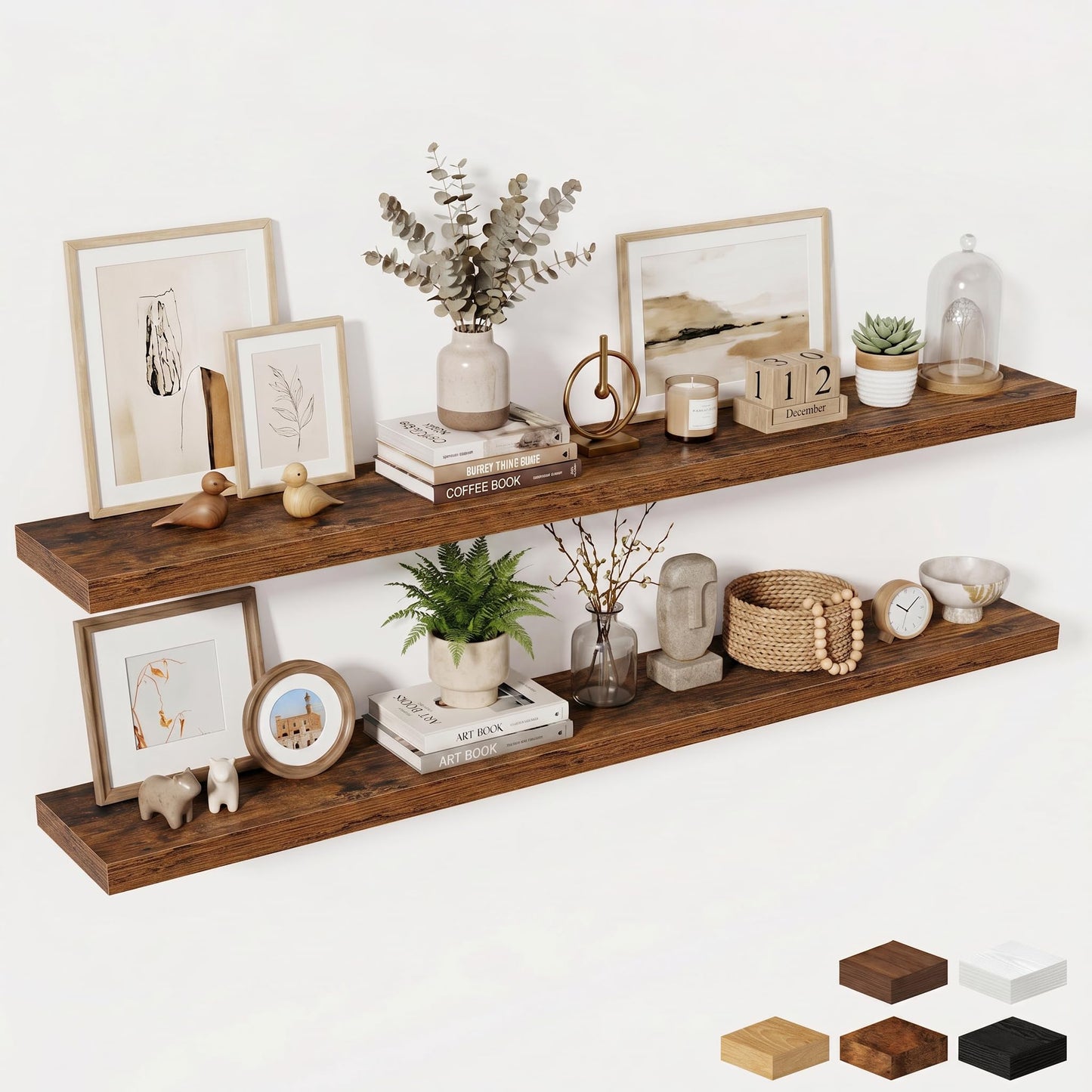 Fun Memories 72 Inch Fireplace Mantel Shelf, 10 Inch Deep Shelves for Display & Wall Storage, Rustic Wood Wall Shelf, Extra Long Floating Shelves for Living Room Laundry Room, Rustic Brown, Set of 2