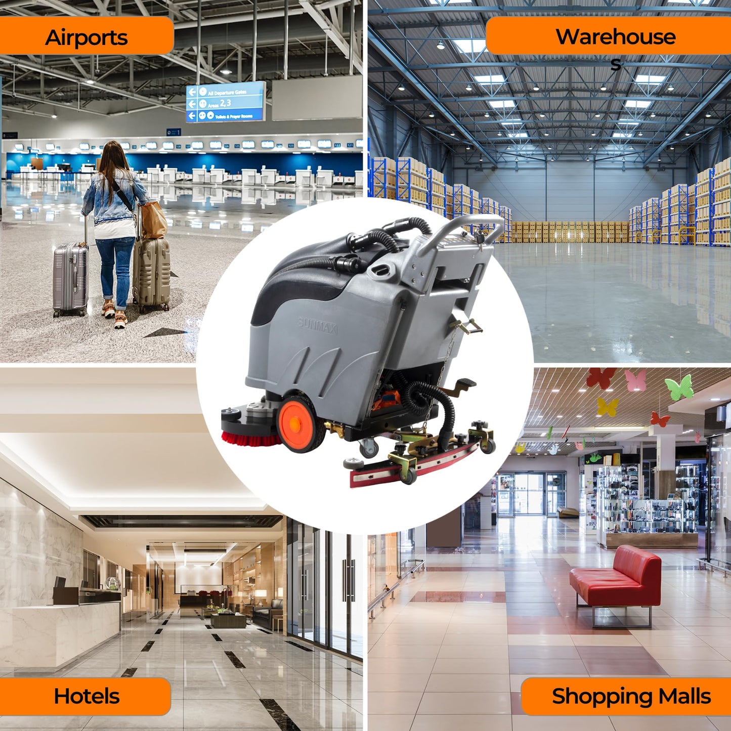 SUNMAX 28" Commercial Floor Scrubber Machine, 14.5-gal Tank, Dual Brushes and Sourcing Pads, Self-Propelled Floor Cleaner with Traction Drive