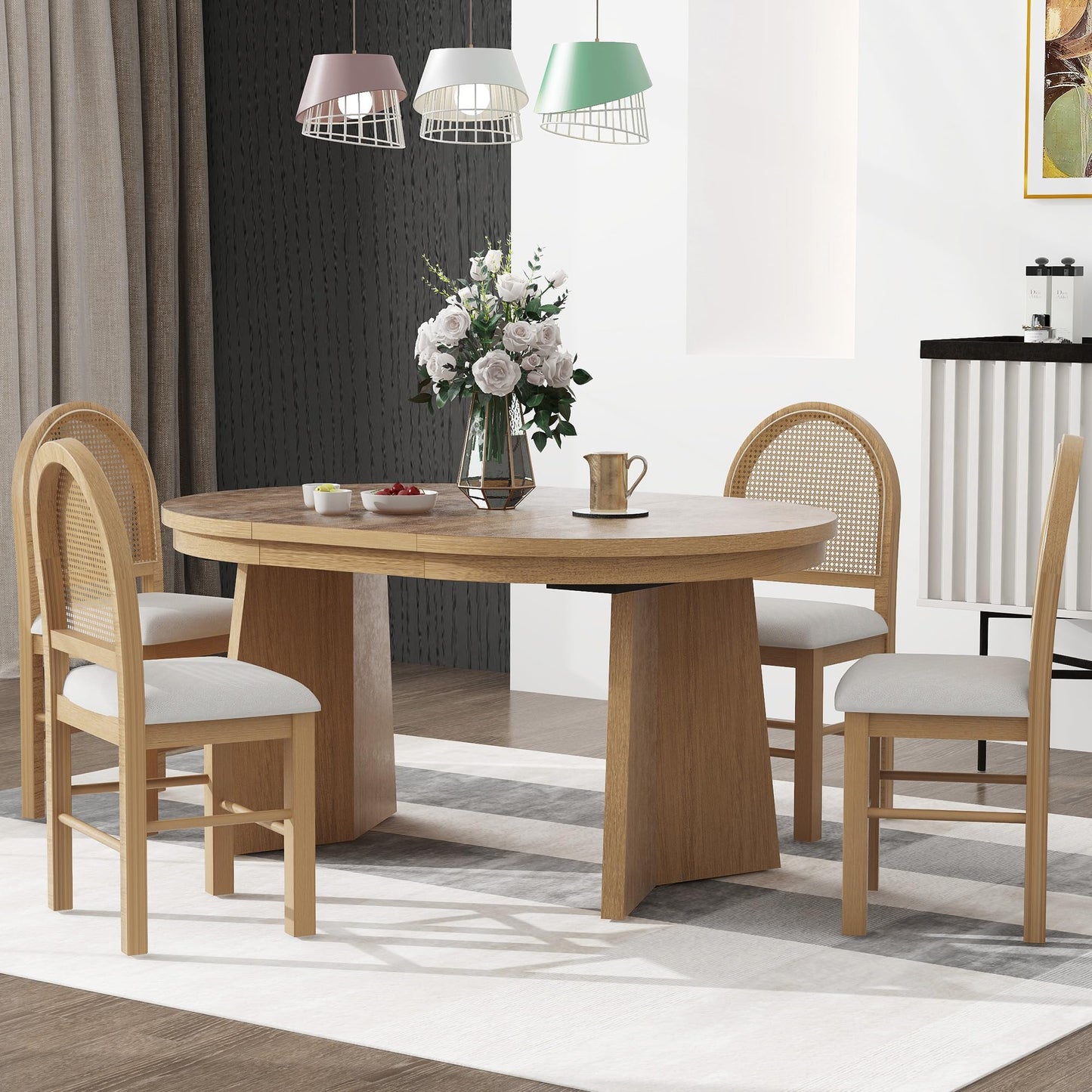 Merax Extendable Round Dining Table Set for 4, Wooden Construction with Upholstered Chairs with Rattan Backrests, Retro Style for Kitchen, Indoor Use, Natural