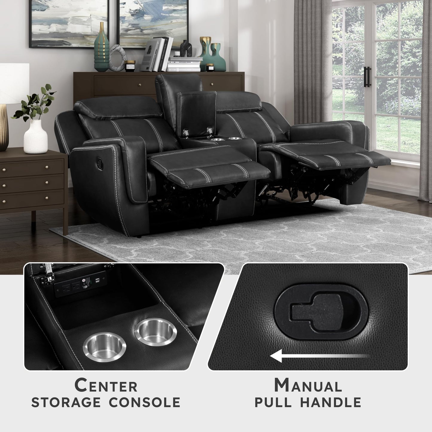 Lexicon Modern Double Reclining Loveseat, Faux Leather Recliner Loveseat With Headrest, Center Console, Receptacles and USB Ports, Manual Recliner Loveseat Sofa For Living Room/Office/Apartment, Black