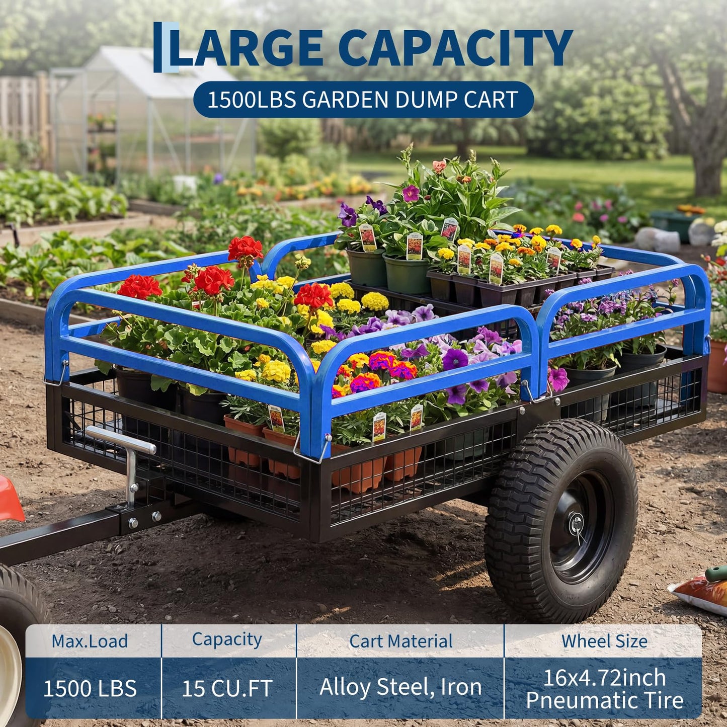 Garvee 1500 Lbs Heavy Duty Steel Dump Cart, 15 Cu ft Garden Utility Trailer with Removable Sides, Hand Pull or Foot Pedal Dumping for ATV UTV Lawn Mower Tractor