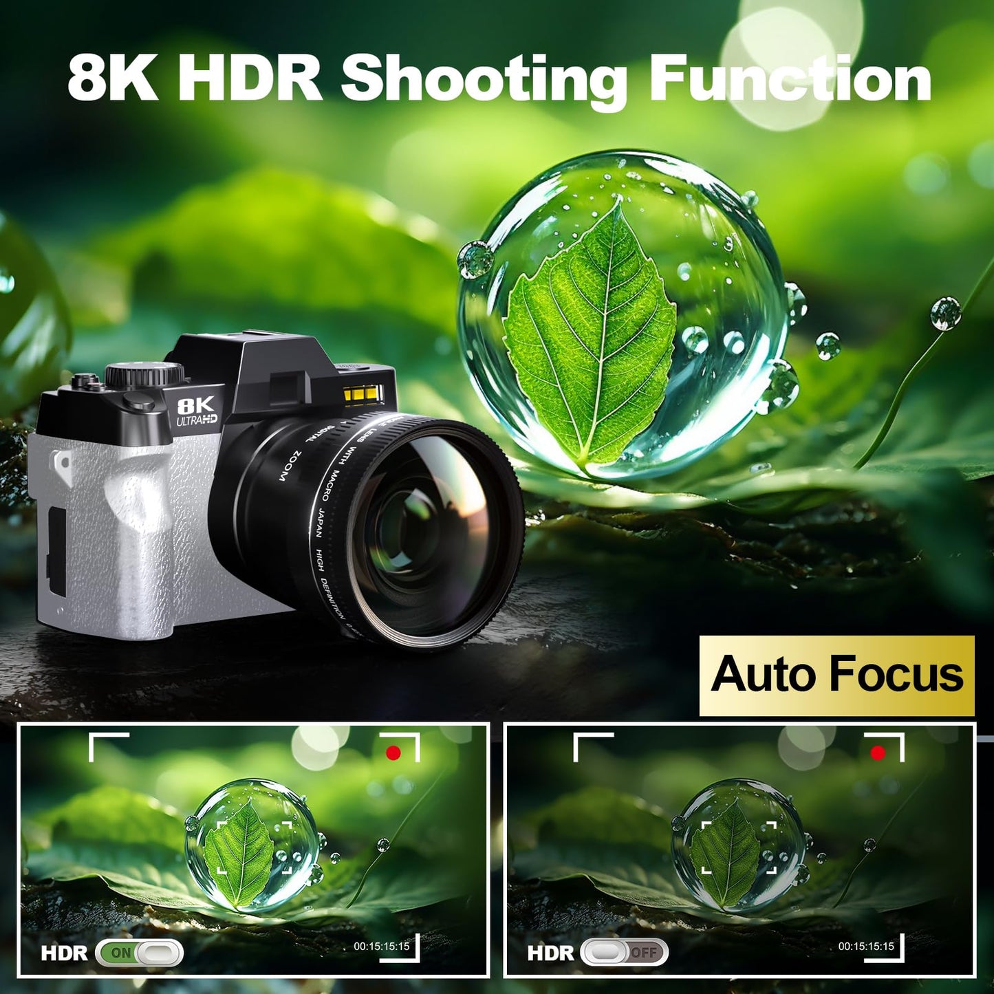 8K Digital Cameras for Photography, 64MP Vlogging Camera with 180°Flip Screen，2 Batteries, 64GB TF Card，16X Zoom, WiFi,Microphone, Wide & Macro Lens Kit (Black) (White)