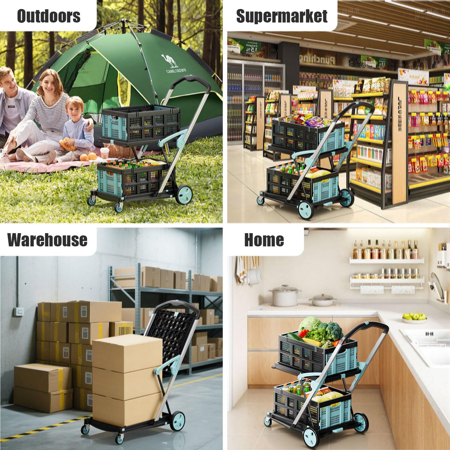 Foldable Shopping Cart, 200 lbs Capacity Grocery Cart on Wheels with Two Collapsible Crate Heavy Duty Collapsible Carts with Foot Brake for Groceries, Office, Warehouse and Supermarket