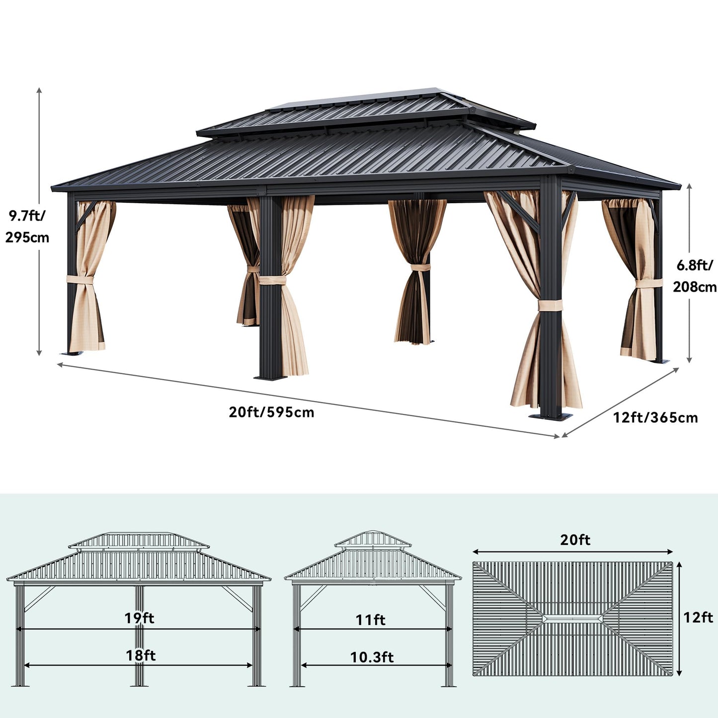 YITAHOME 12X20FT Gazebo Hard Top Patios Double Roof Aluminum Frame Garden Gazebo Tent Curtains Netting for Patios Backyards Decks Lawns Brown