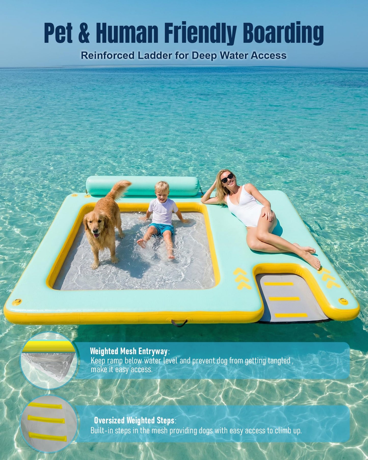 Inflatable Floating Dock for Dogs & Family Water Fun, 8FT/10FT Large Floating Island with Water Hammock and Easy-Access Dog Ramp, Portable Swim Platform for Lakes, Boats, Beaches and Pools
