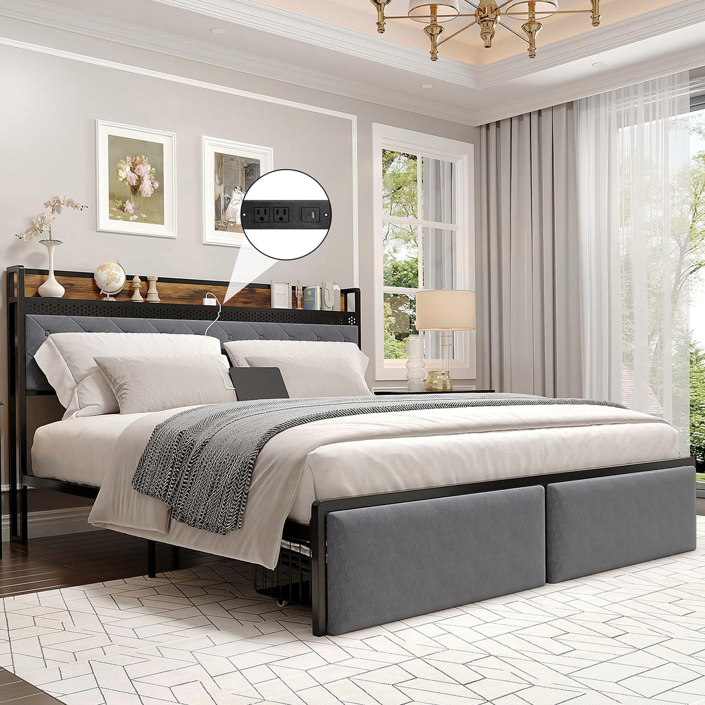 IDEALHOUSE King Size Bed Frame with Storage Headboard and 2 Drawers, Platform Metal King Bed Frame with LED Lights and Charging Station, Noise Free, No Box Spring Needed, Grey