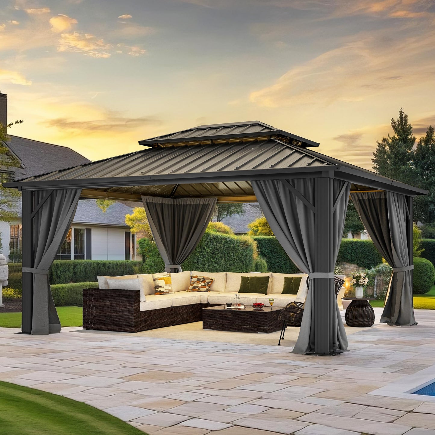 YITAHOME 10X12FT Hard Top Metal Gazebo Patios Double Roof Canopy Aluminum Frame Garden Gazebo Tent Curtains Netting for Patios Backyards Decks Lawns Gray