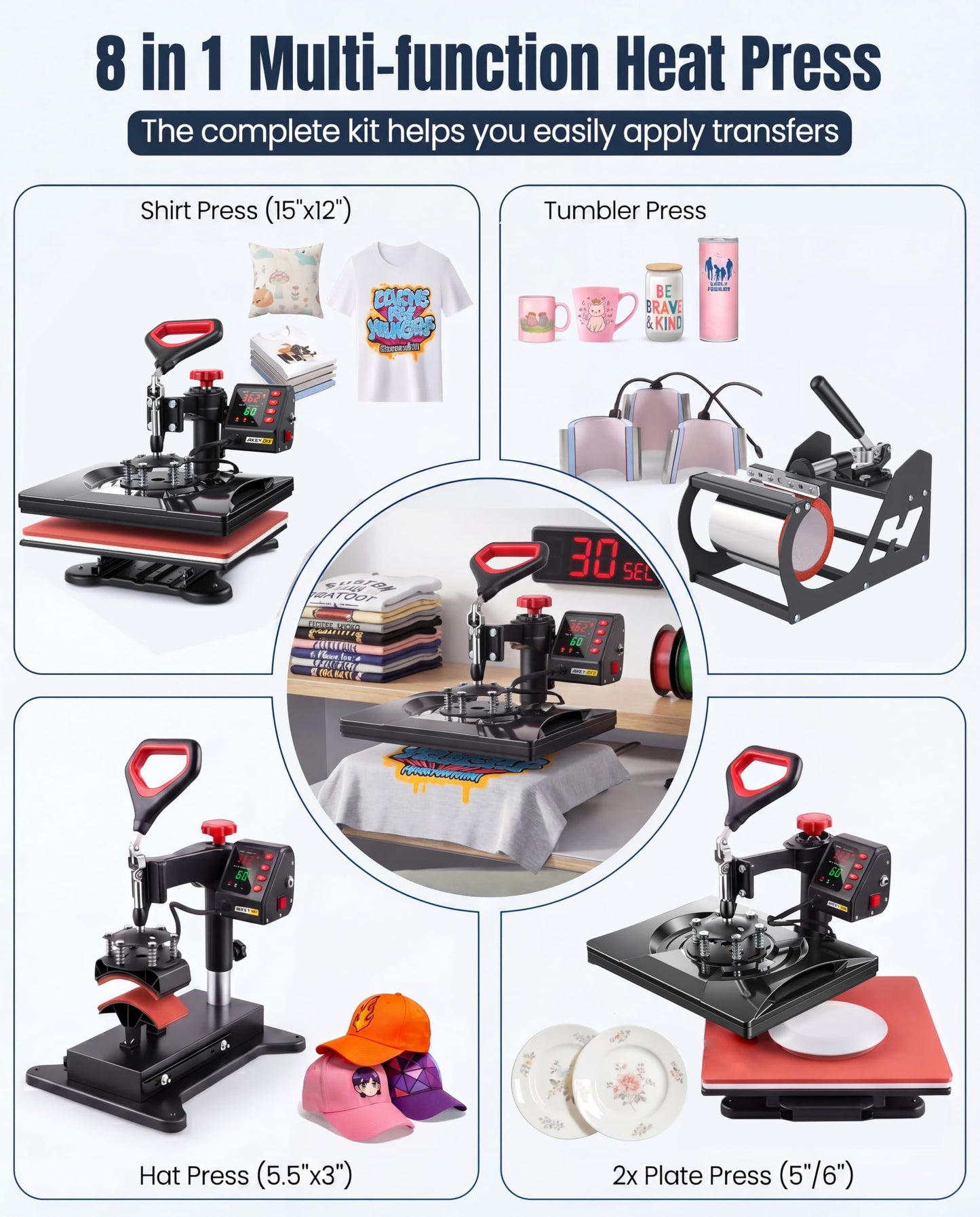 AKEYDIY Heat Press Machine,8 in 1 Multi-Function Heat Press Rapid Heating Tshirt Press,360° Digital Vinyl Sublimation Press Machine Heat Transfer Machine for T-Shirts,Cap,Mug,Plate,DIY