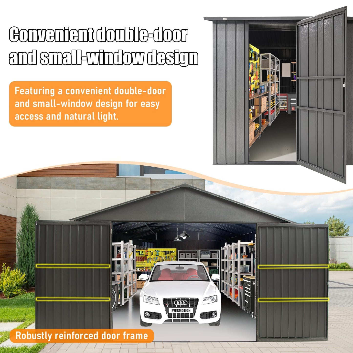 Gareinwuds 12x25FT Metal Storage Shed, a Metal Garage Shed or Heavy Duty Carport, Lockable Double Hinged Doors, Extra Large Car Shelter for Car Truck Motorcycle Lawn Equipment, Wind Resistant