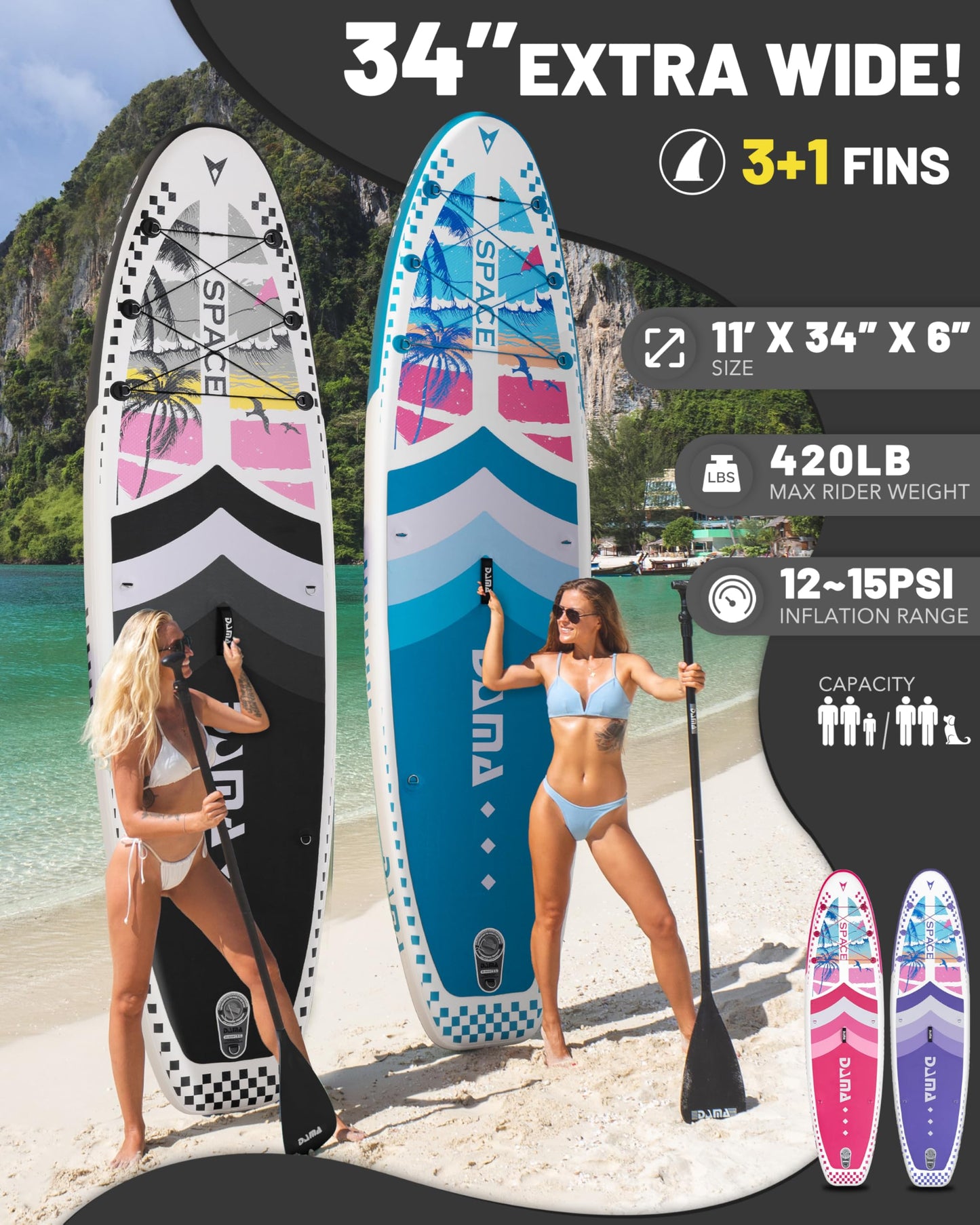 DAMA Hiwave Inflatable Stand Up Paddle Board 11’*34”*6” Sup Board, 350lbs Capicity Adult&Youth Paddle Board, Pet Friendly for Ocean&Lake, w/Double Action Hand Pump Black