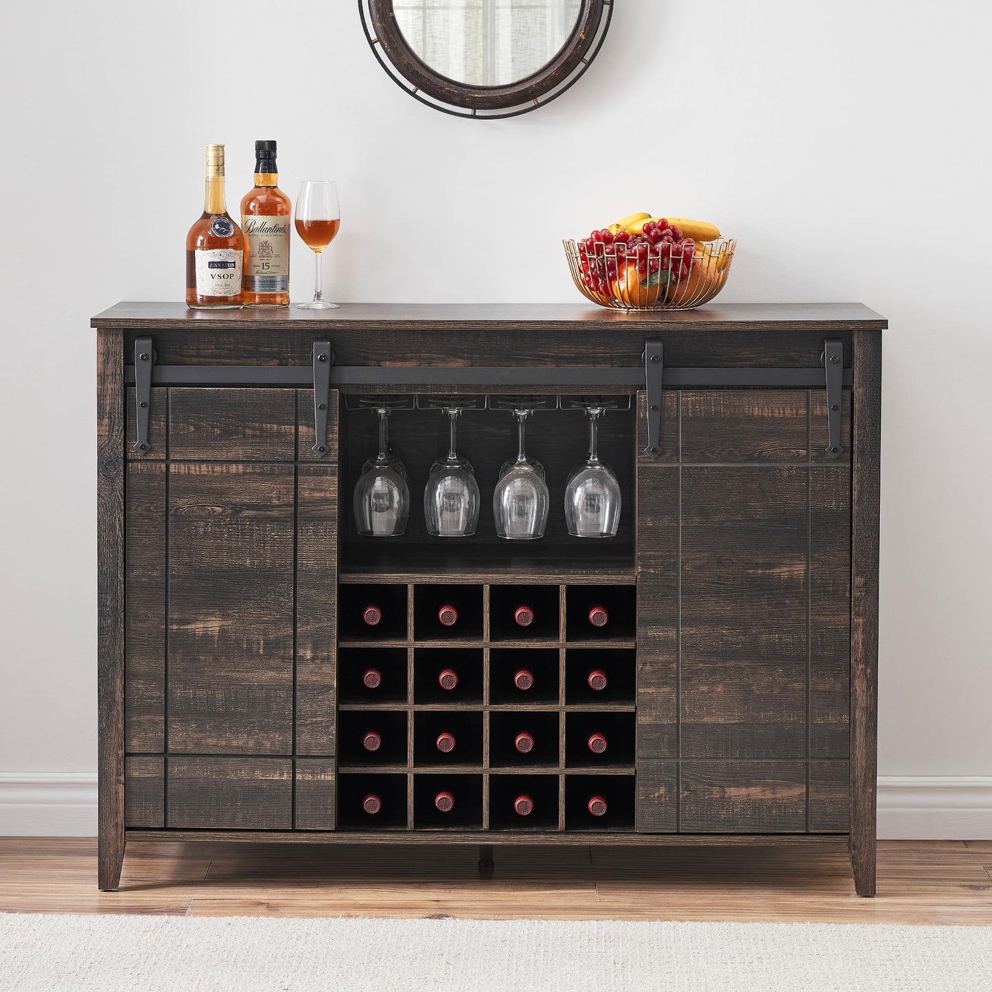 GarveeTech Farmhouse Bar Cabinet with Sliding Barn Doors, Rustic Liquor & Coffee Station with Wine Glass Racks & Adjustable Shelves, Buffet Sideboard for Dining Room, Kitchen, Entryway (Fire Finish)