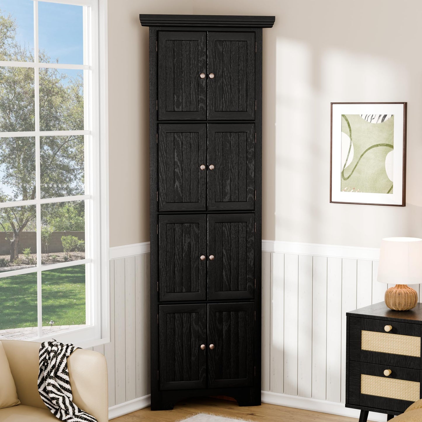 Trygoal 4 Tier Farmhouse Corner Storage Cabinet, 72" H Kitchen Pantry Cabinet with 8 Doors & 4 Shelves, Corner Storage Rack for Living Room, Kitchen, Office, Black