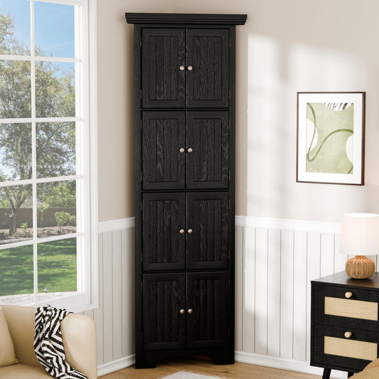 Trygoal 4 Tier Farmhouse Corner Storage Cabinet, 72" H Kitchen Pantry Cabinet with 8 Doors & 4 Shelves, Corner Storage Rack for Living Room, Kitchen, Office, Black