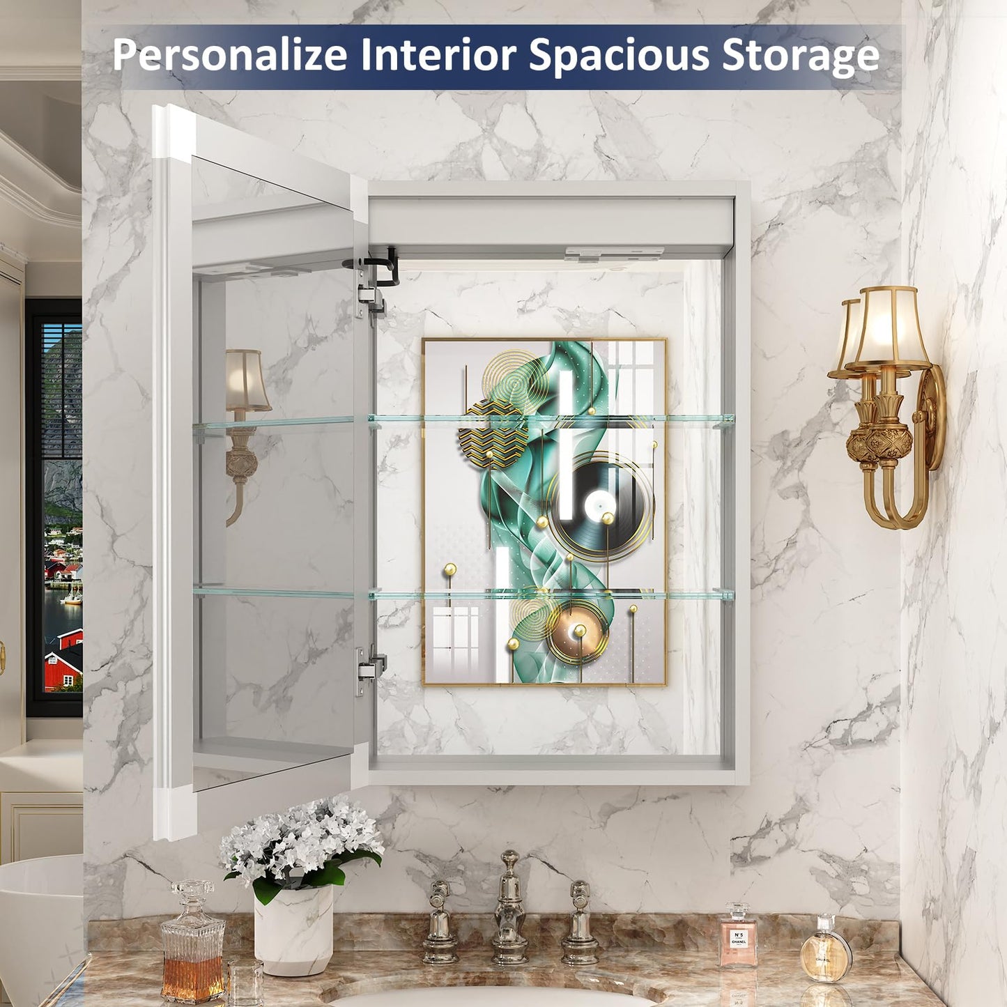 ACEMIRO 20"×30" Bathroom Mirror Cabinet, Recessed Lighted Medicine Cabinet with Mirror, Dimmable 3 Color Lights, Clock & Room Temp Display, Defogger, LED Bathroom Cabinet with Storage, Left Hinge