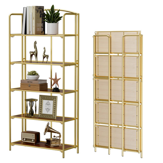 Crofy 5-Tier Wider Foldable Bookshelf, Gold Frame & Walnut Shelves