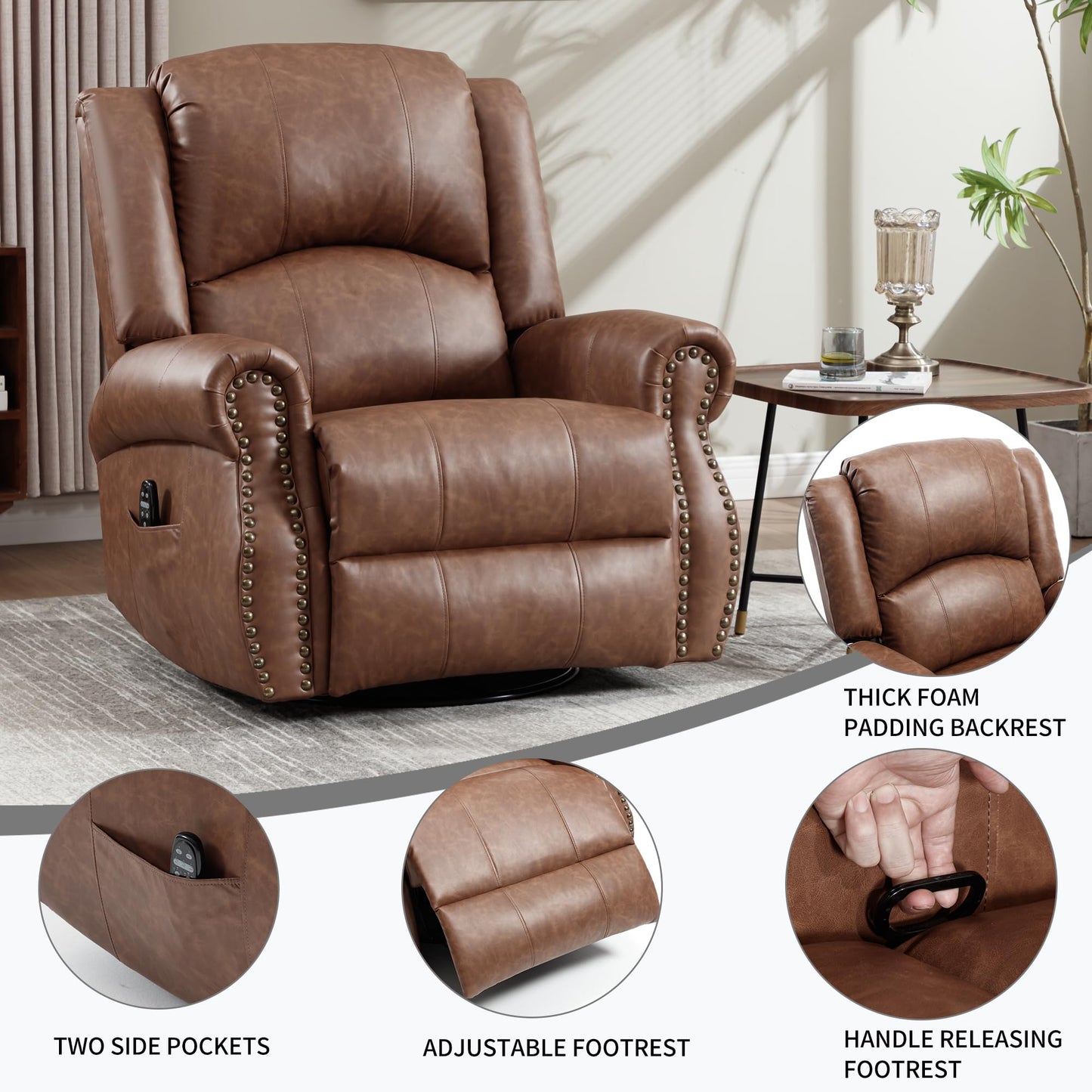 GDFStudio Heat Massage Swivel Rocker Recliner Chair, Manual Fabric Recliner with 360° Swivel, Rocking Function, Lumbar Heat and 8-Point Massage, Overstuffed Living Room Reclining Chair, Yellow Brown