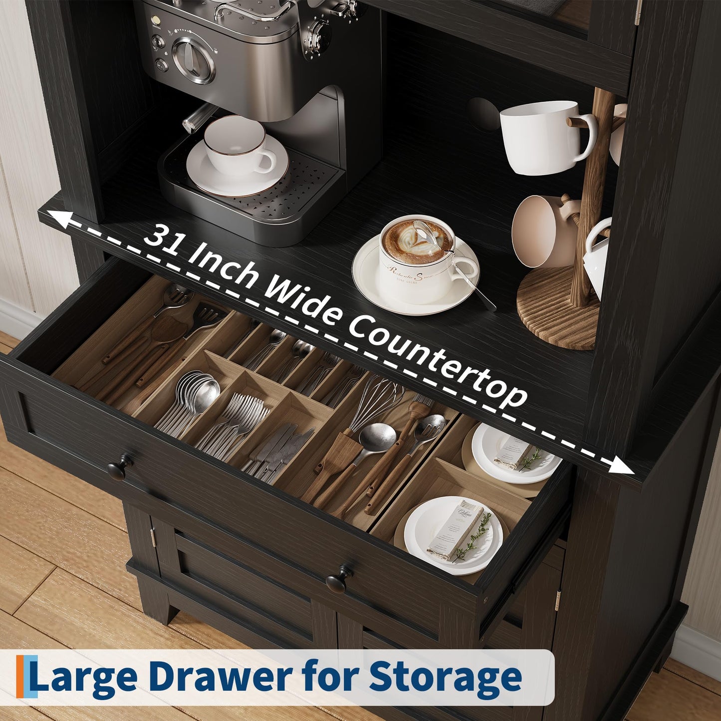 GarveeHome 72 in Tall Kitchen Pantry Cabinet, Kitchen Hutch Bar Cabinet with Microwave Stand, Cupboard with Drawers Glass Doors for Dining Room, Living Room, Dark Black