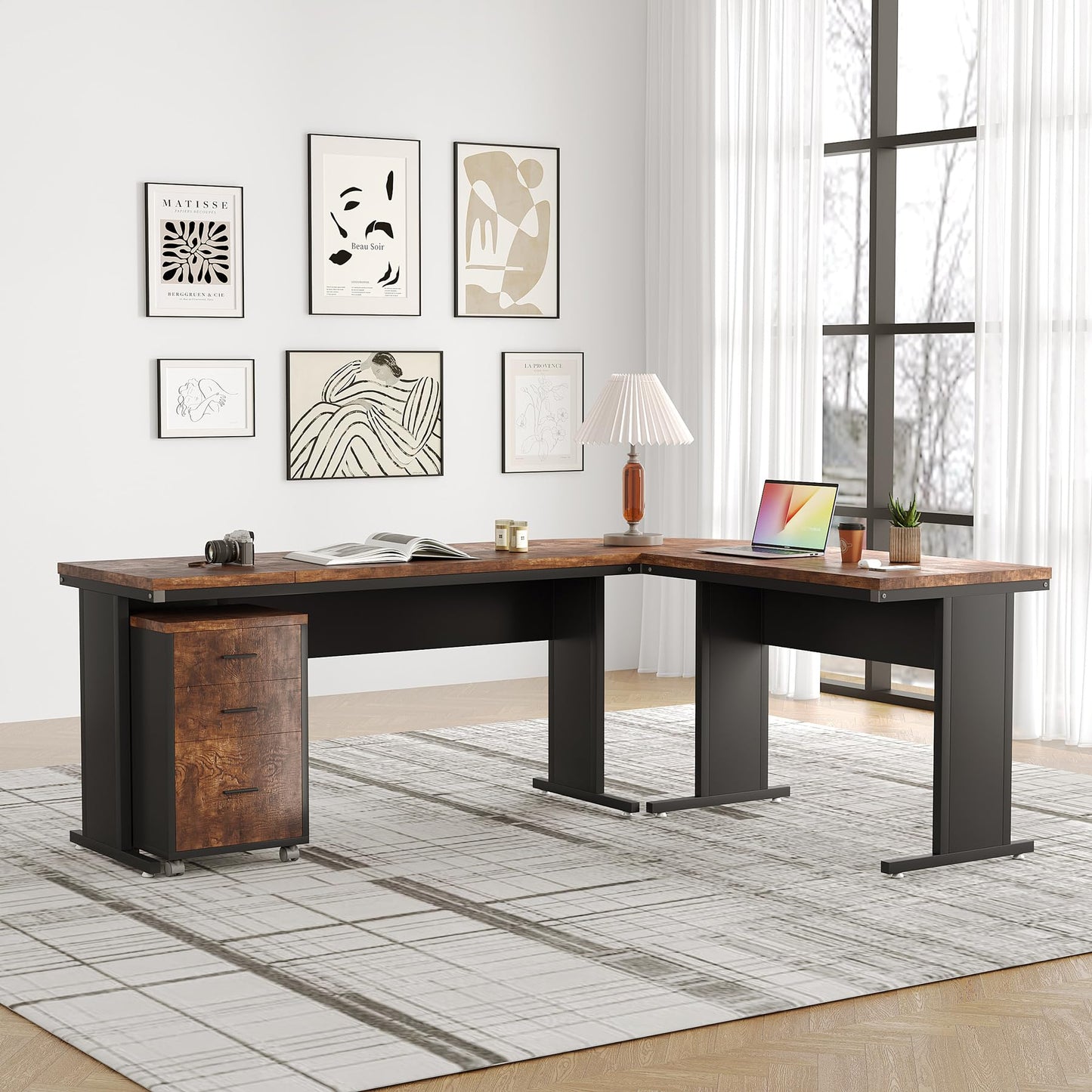 Tribesigns 83" L-Shaped Executive Desk, Large Office Desk with Drawers, Industrial Corner Computer Table with Rolling File Cabinet, Business Workstation for Home Office (Brown, 83 Inches)