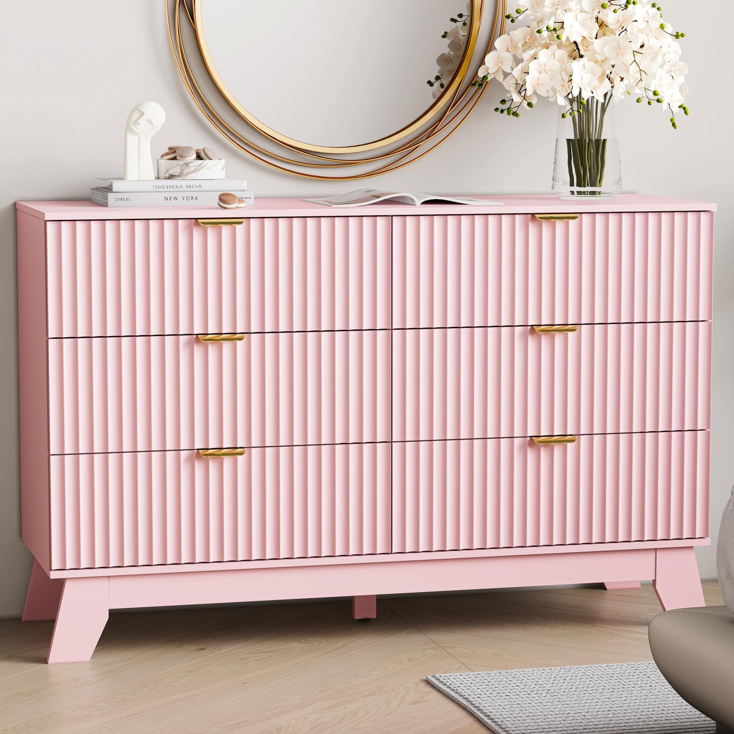 6 Drawer Dresser for Bedroom, Fluted Dressers Chest of Drawers with Gold Handle, Mid Century Modern Dresser for Closet, Wood Closet Storage Organizer Furniture for Bedroom, Living Room, Hallway, Pink