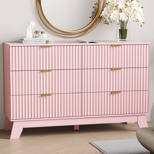 6 Drawer Dresser for Bedroom, Fluted Dressers Chest of Drawers with Gold Handle, Mid Century Modern Dresser for Closet, Wood Closet Storage Organizer Furniture for Bedroom, Living Room, Hallway, Pink