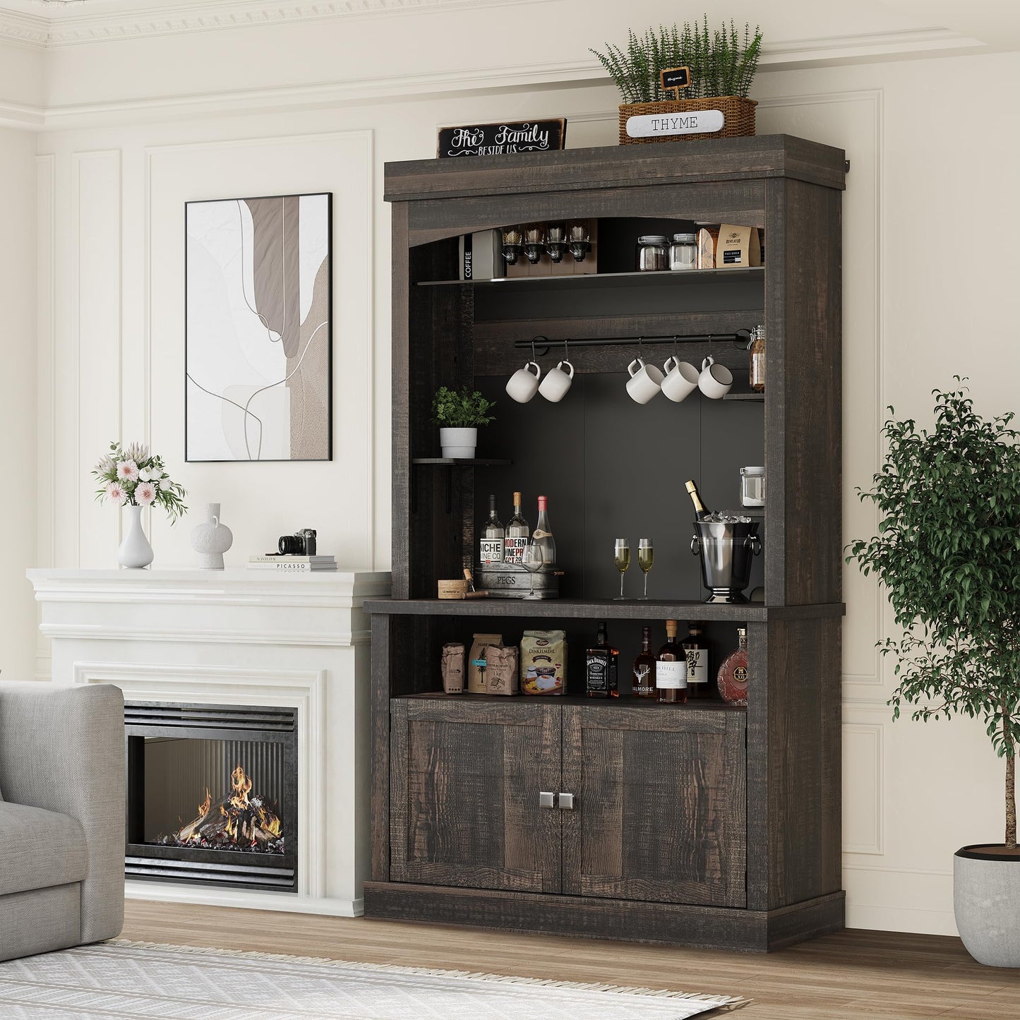 GarveeHome Coffee Bar Cabinet with LED Lights,72 '' Tall Buffet Cabinet with Storage,Farmhouse Kitchen Sideboard Tall Coffee Hutch with Microwave Stand/Wine Rack/Glass Shelf Dining Room(Oak)