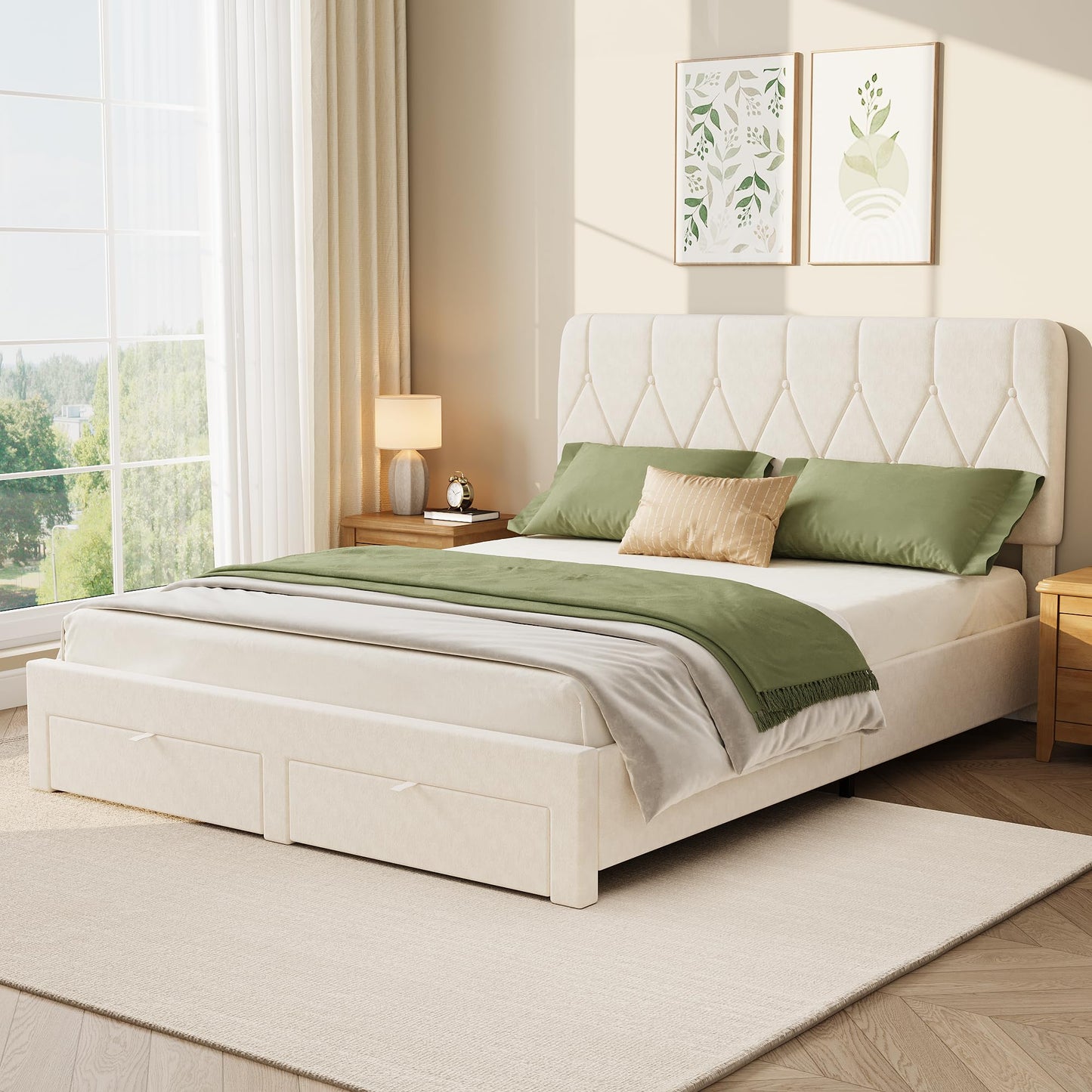 Garvee Full Bed Frame with 2 Storage Drawers, Velvet Upholstered Platform Full Size Bed Frame with Headboard, Wooden Slats Support, No Box Spring Needed, Easy Assembly, Beige
