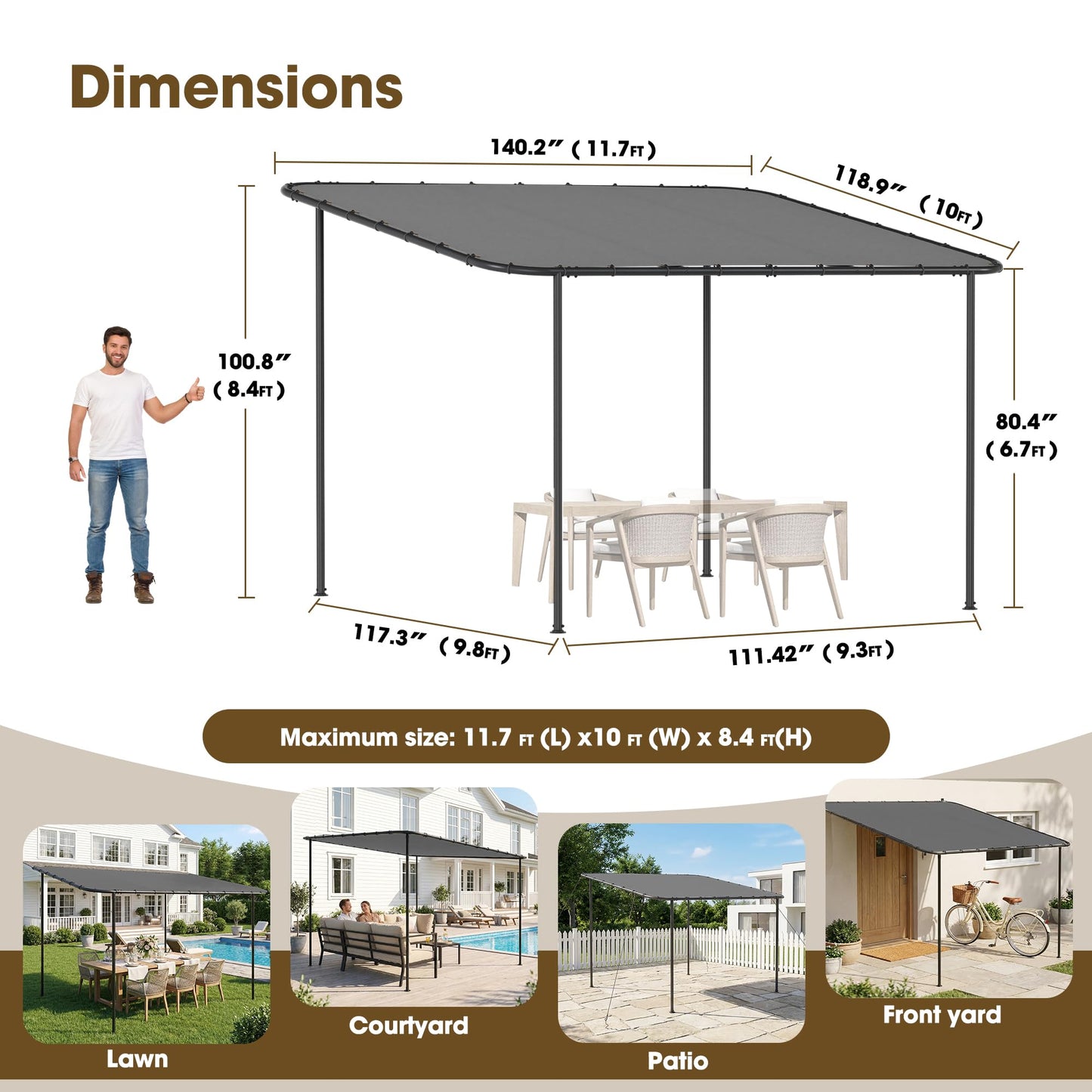 TOBYUL 12'x10' Lean to Gazebo Pergola with 3 Types Ground Nails and Weatherproof Canopy, Large Wall-Mounted Galvanized Steel Frame Shelter, Outdoor Sloped Roof Awning for Patio, Deck, Backyard (Gray)