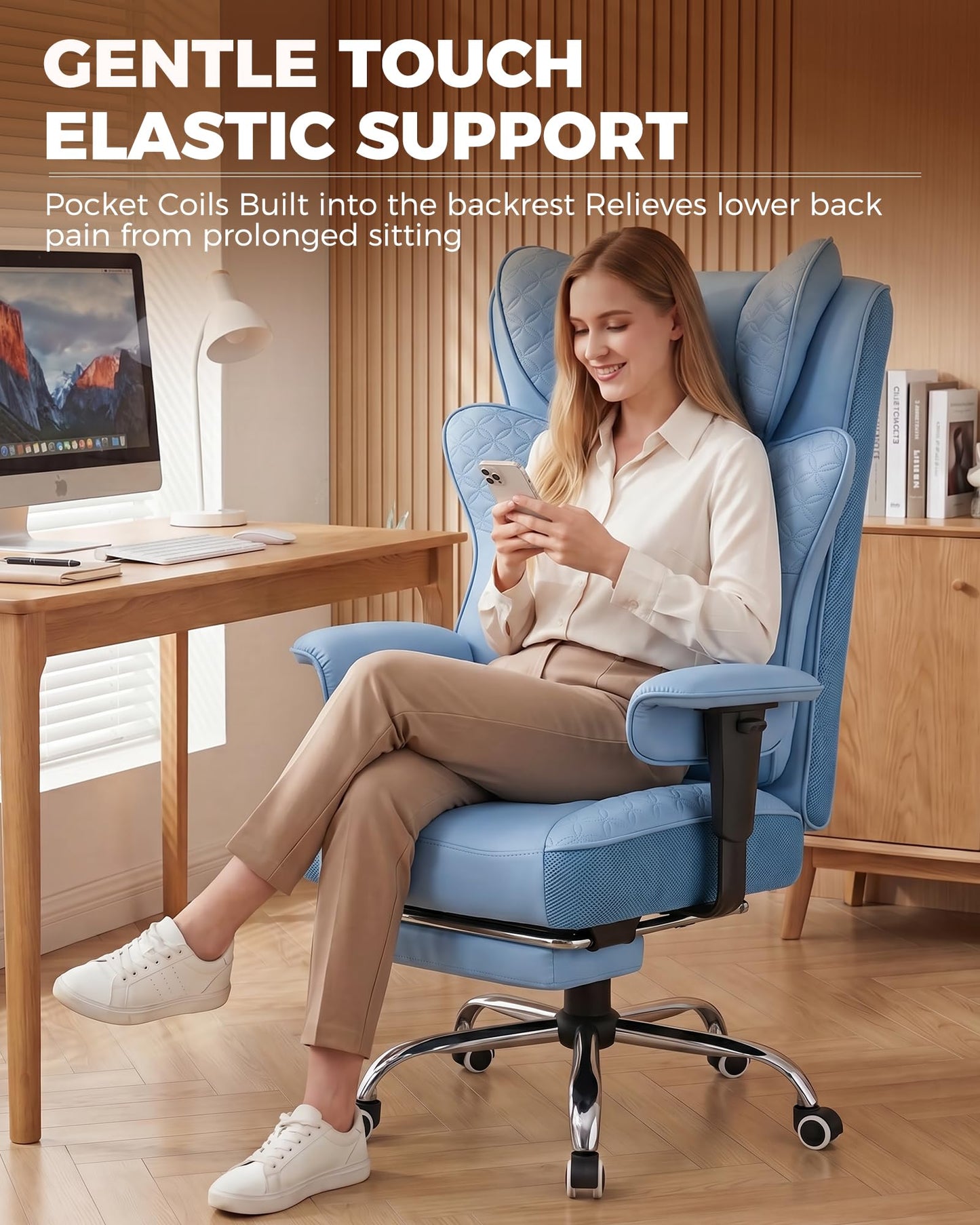 GTPLAYER Big and Tall Office Chair, Wide Ergonomic Gaming Chair with Deluxe Embossing Designed Leather with Foot Rest,150°Reclining Adjustable Soft Armrests Pocket Spring Back Support and Pillow