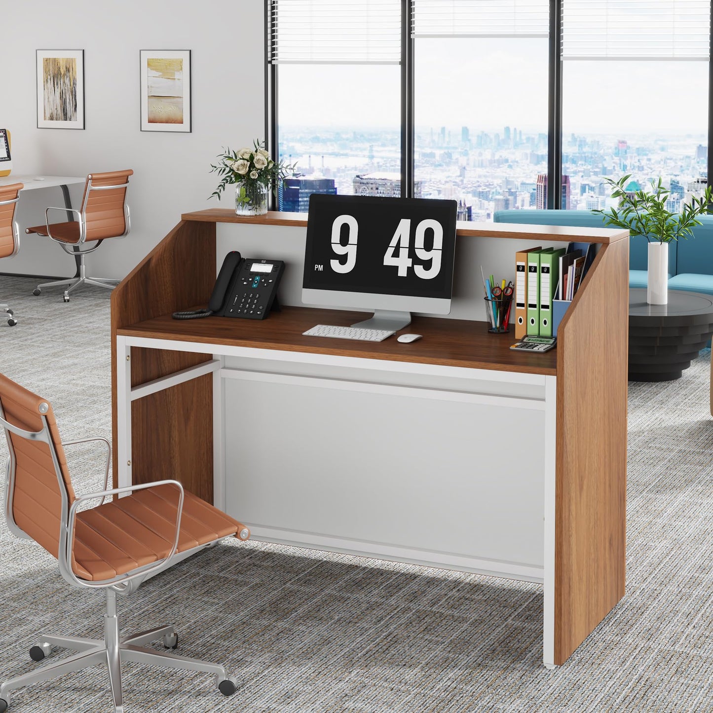 Tribesigns Reception Desk with Counter, Modern Front Desk Reception Room Table with Cable Grommet, 47 inch Retail Counter for Checkout, Lobby, Beauty Salon, Home Office Desk, Walnut