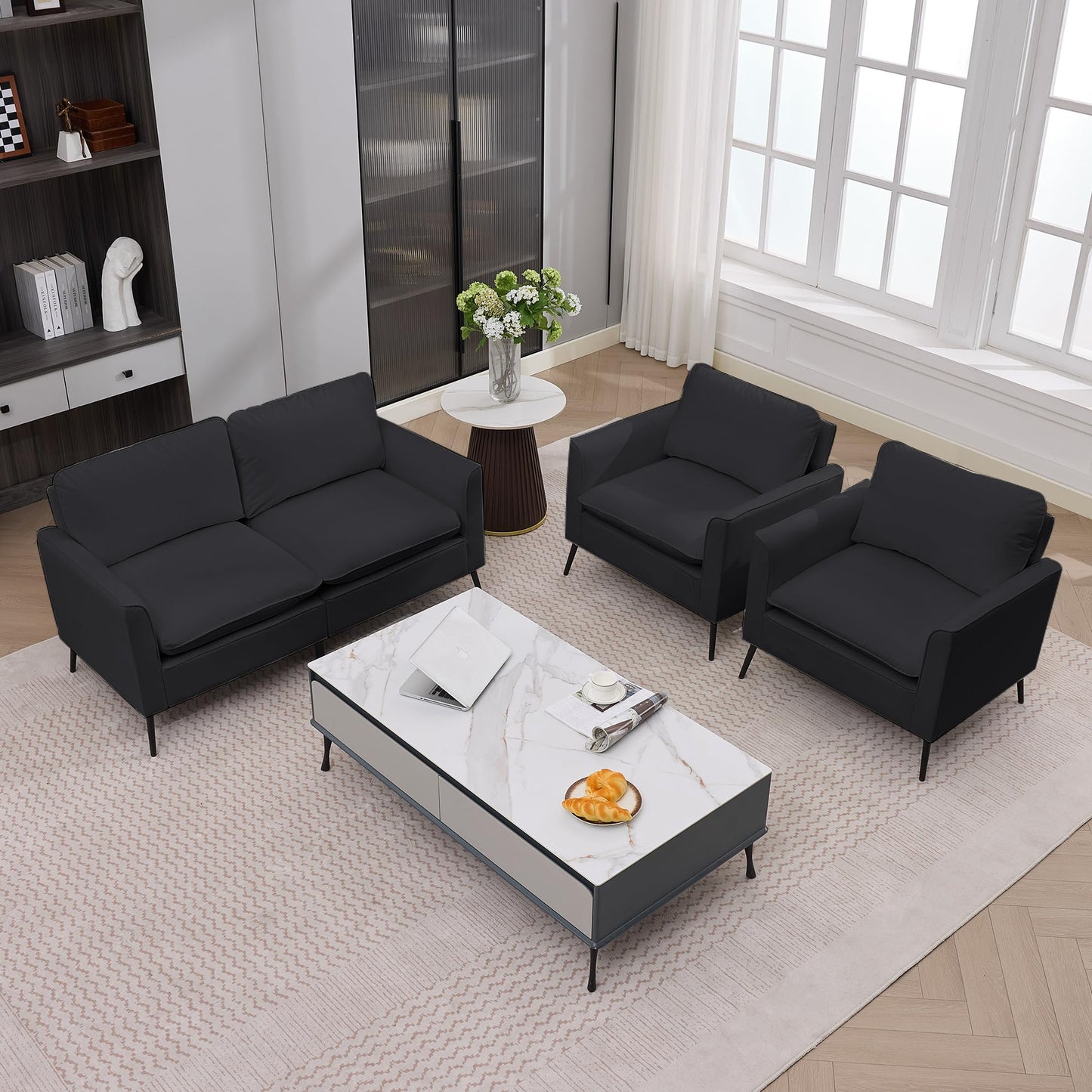 KEIKI Faux Leather Sofa Couch, Living Room Furniture Sectional Sofa Sets of 3 Pcs, Mid Century Modern Decor Sofa Couches, Loveseat & Accent Chair for Small Space, Apartment, Office, Black