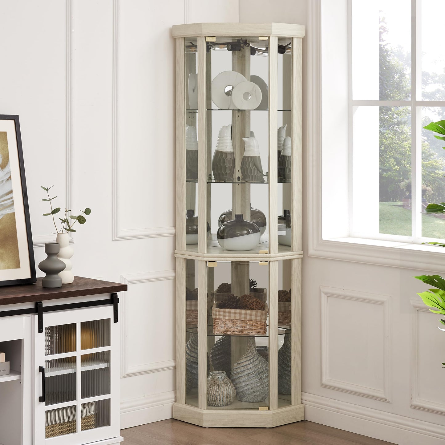 Topcomfy Corner Curio Cabinet, Lighted Glass Display Cabinet with Doors, Curved Glass & Adjustable Shelves, for Living Room, White