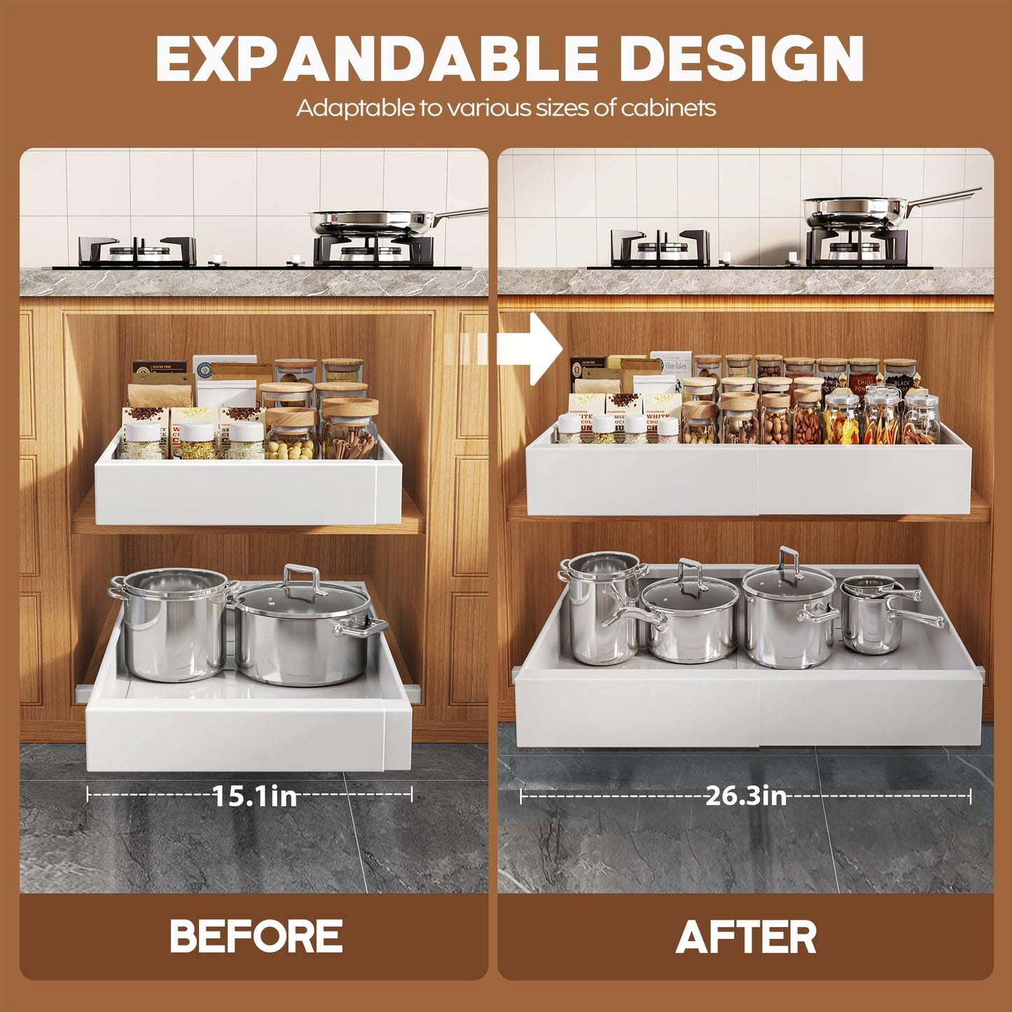 Seinloes 4 Pack Expandable (15.1"-26.3") Pull Out Cabinet Organizer 21" Deep With Raising Pad for Framed Cabinets,Upgrade 3 Slide Rails Slide Out Drawers,No Drill Roll Out Shelves Adhesive,White