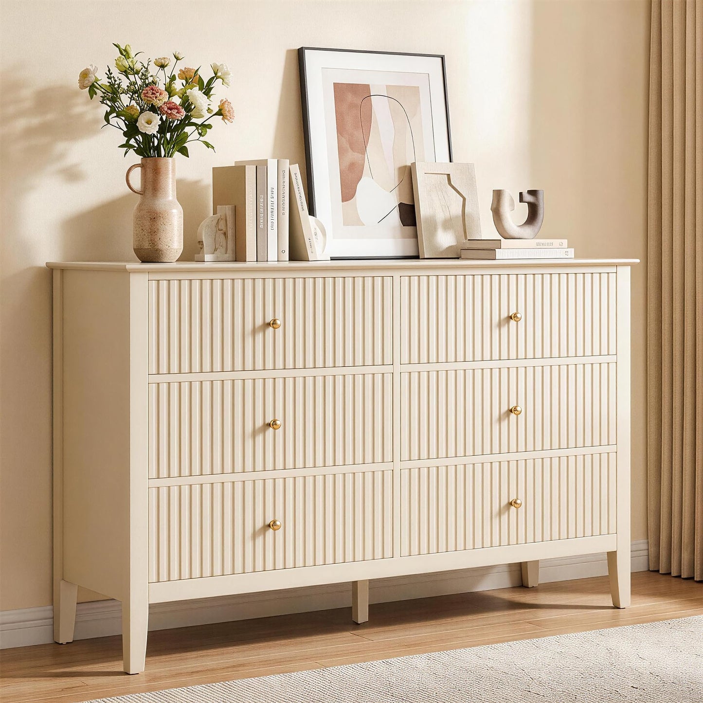 RoyalCraft Beige 6 Drawer Dresser, Fluted Modern Wood Chest of Drawers, Long Dresser for Bedroom TV Stand Storage Cabinet for Living Room
