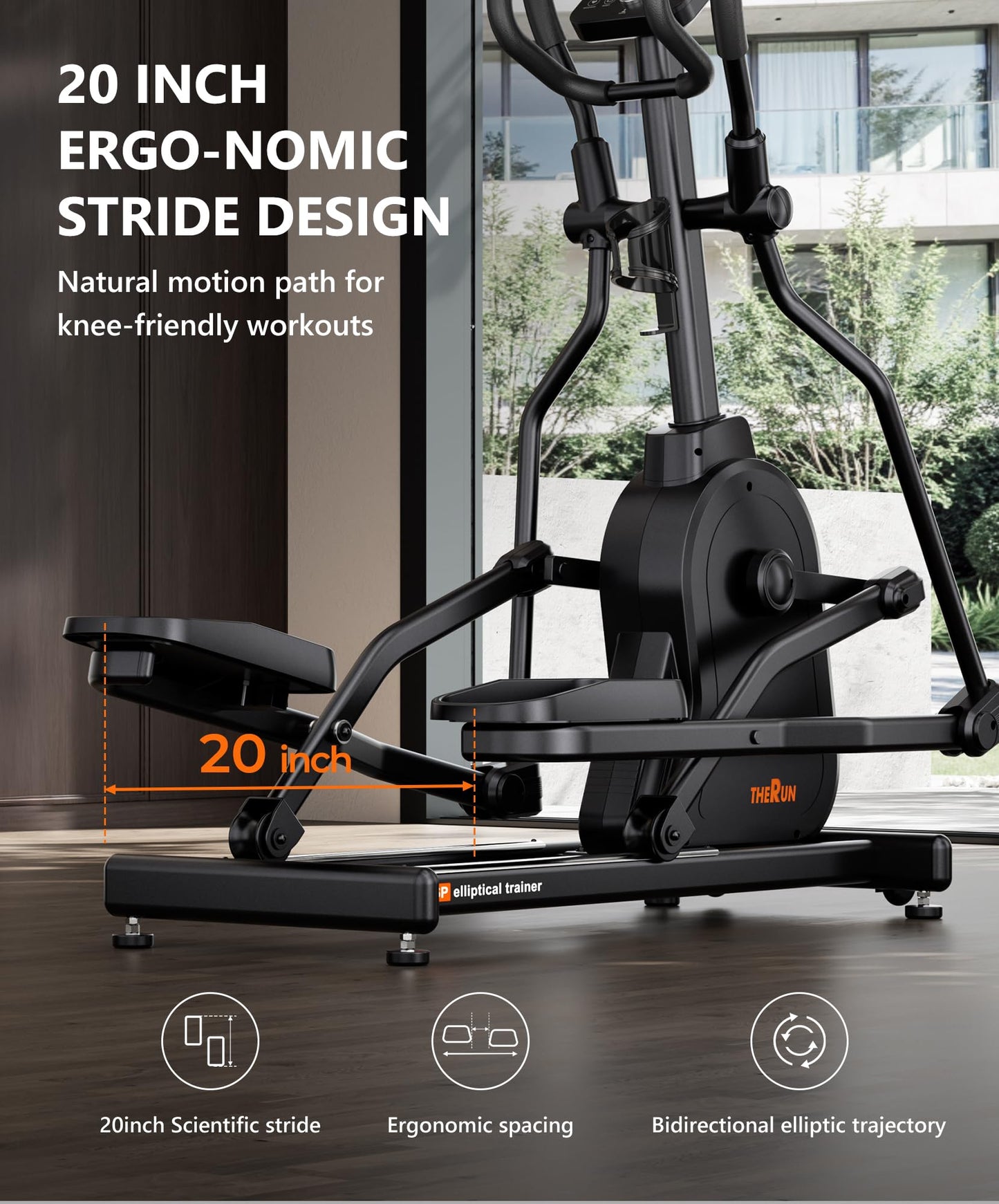 THERUN Elliptical Exercise Machine, Electric Elliptical Machine for Home Use, Magnetic Elliptical Training Machines with 20IN Stride & 32-Level Resistance, 350LB Capacity, App Connectivity (Orange)