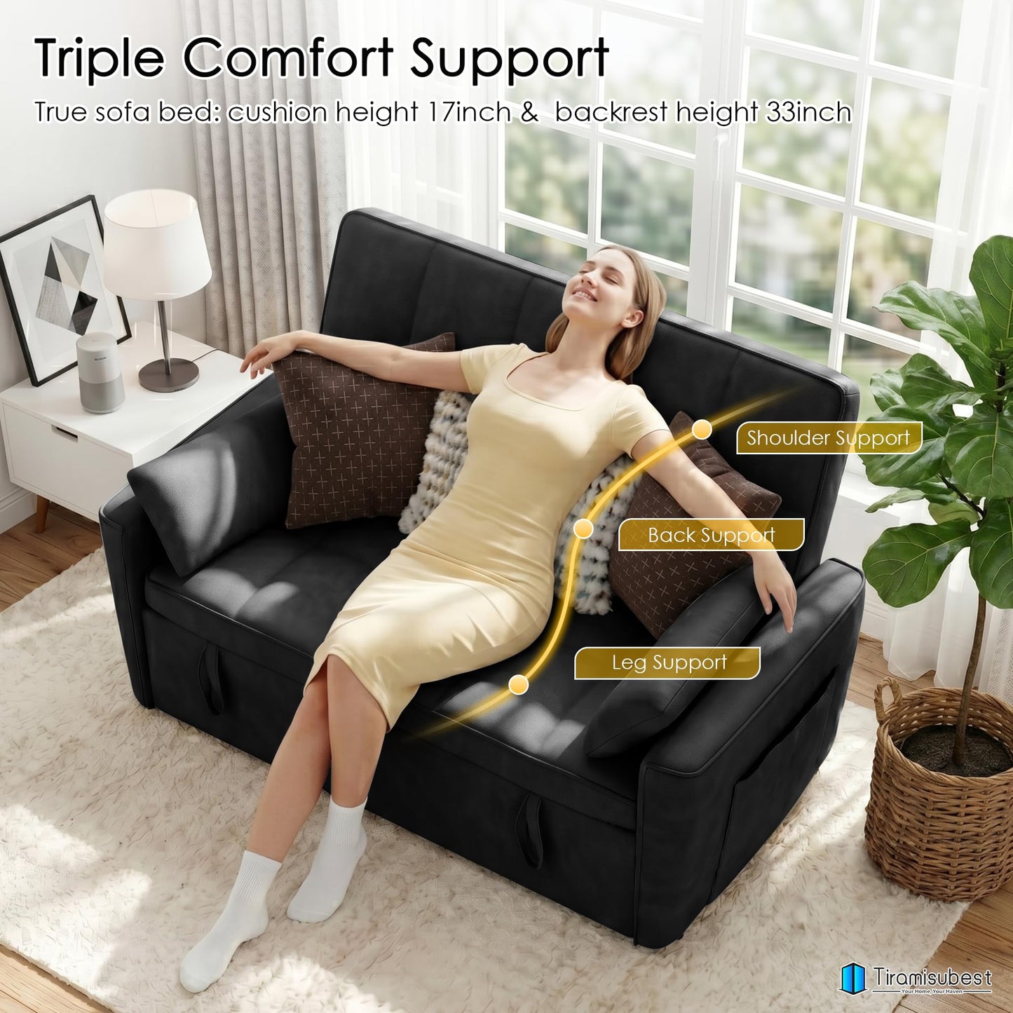 tiramisubest 54'' Sleeper Sofa Bed, Convertible Pull Out Couch Futon for for Living Room,Apartment (Black, Loveseat) Side Pockets, Velvet Fabric, Adjustable Backrest, Pull-Out Bed, Easy Assembly