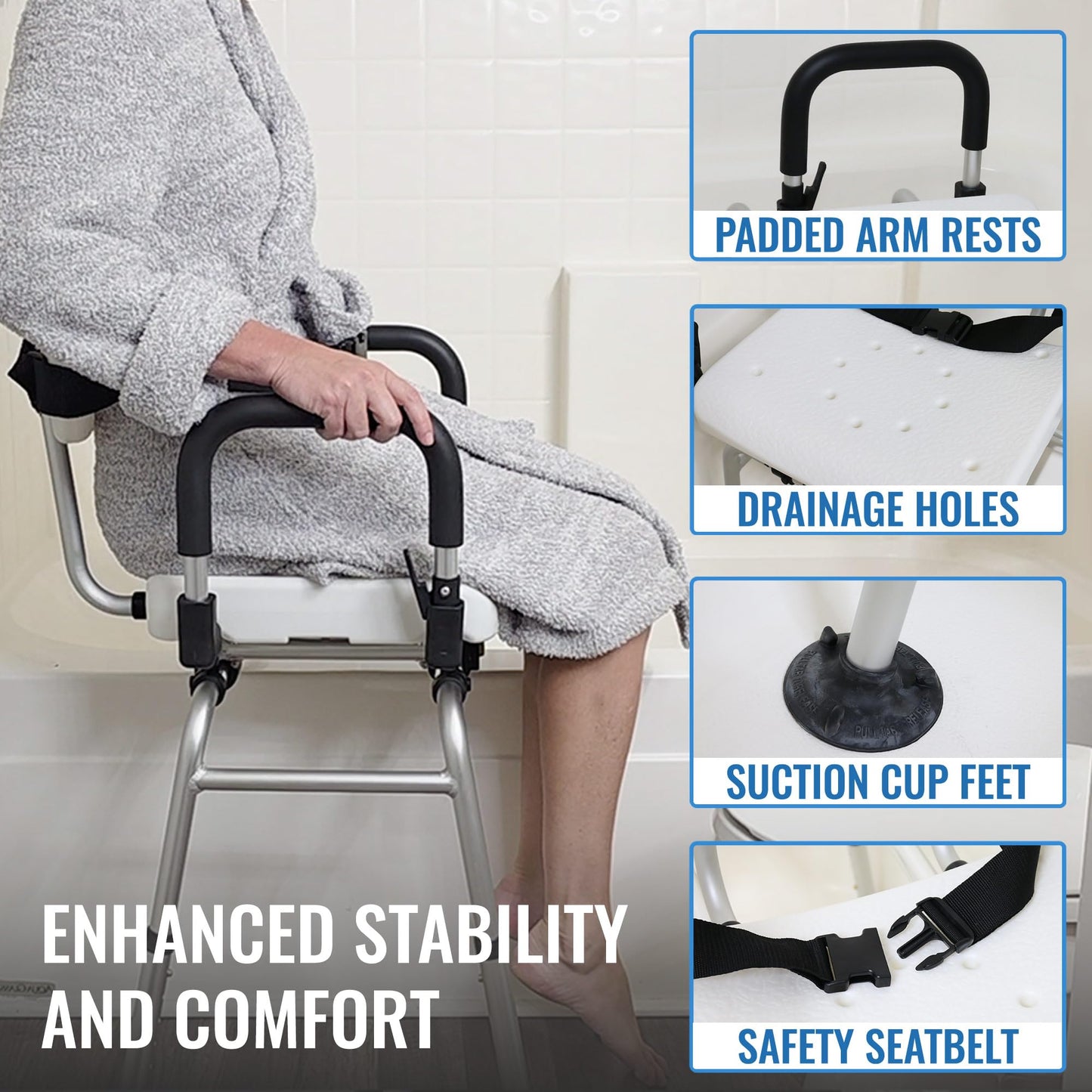 DMI 360 Max Comfort Swivel Shower Chair & Transfer Bench, Extra-Wide 360lb Capacity, Non-Slip & Padded Arms, Bonus Adjustable Back Scrubber