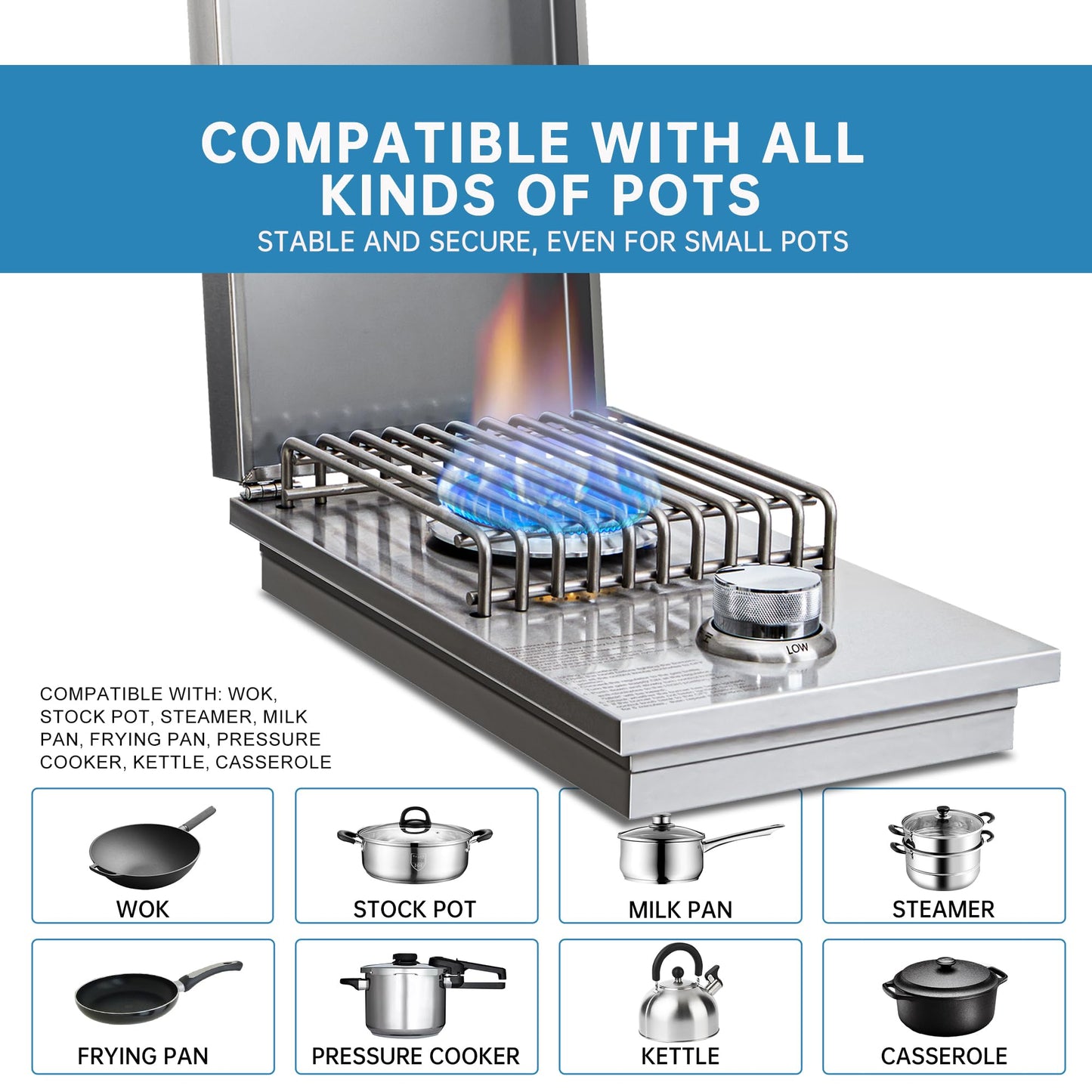 Built-in Single Side Grill Burner with Cover, Silver 304 Stainless Steel Side Burner for Outdoor Kitchen, Propane & Natural Gas, Outdoor BBQ for Family Patio Parties