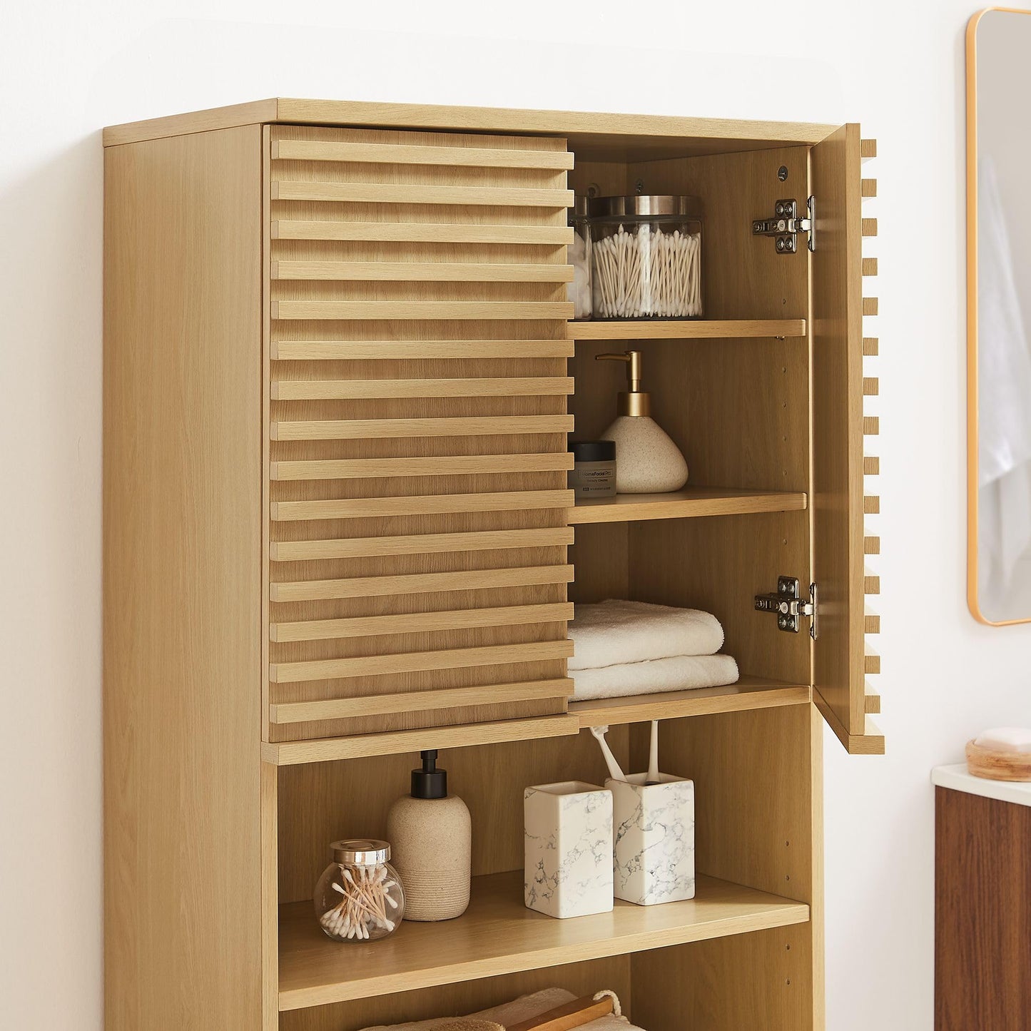 Modway Render Tall Bathroom Storage Tower in Oak - 63” Freestanding Linen Cabinet with Open Shelves and 4 Soft-Close Doors - Towel and Makeup Organizer