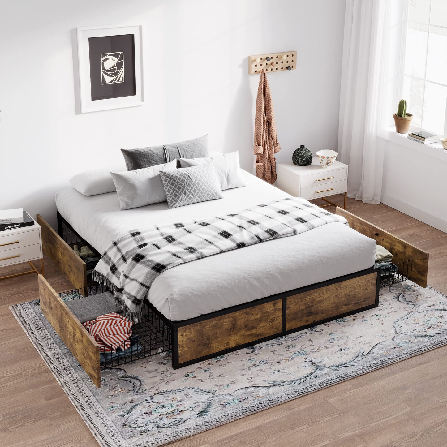 SHA CERLIN Full Size Bed Frame with Storage, 4 Extra Large Drawers on Wheels, Mattress Foundation, Strong Metal Slat Support, No Box Spring Needed, Easy Assembly