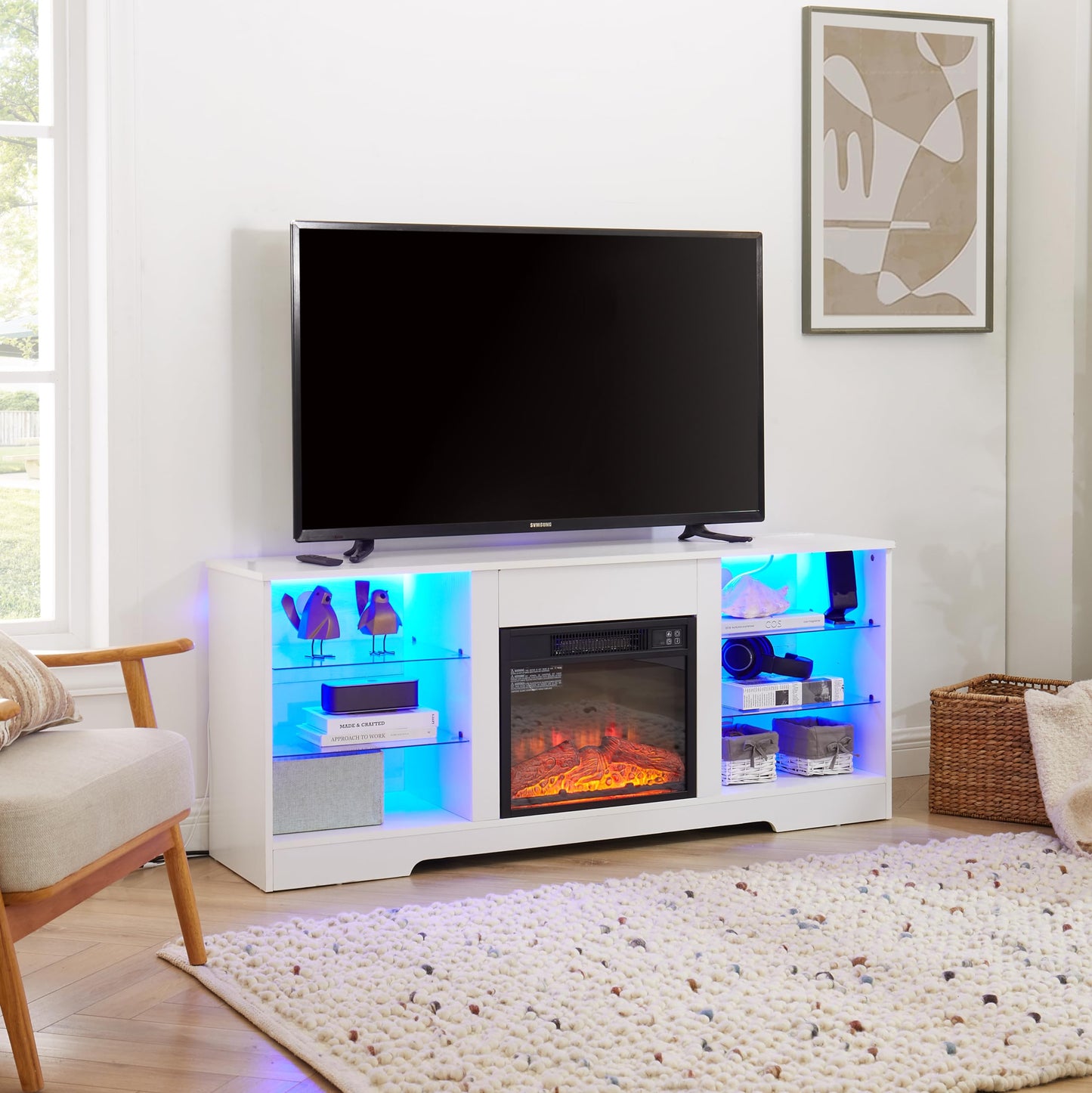 Ball & Cast Fireplace TV Stand with Led and Power Outlets, Entertainment Center with Electric Fireplace for 32"/42"/50"/55"/62" TVs, Modern TV Media Console with Glass Storage Shelves,White