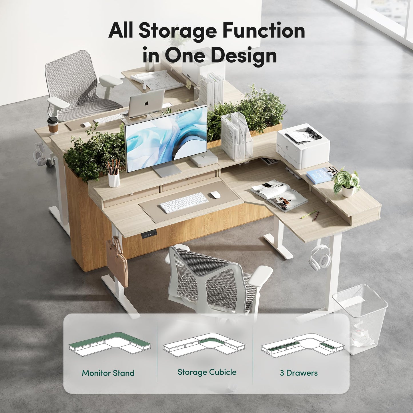 CubiCubi L Shaped Standing Desk with Drawers 63 x 48 Inch Adjustable Height, Electric Corner Desk with Storage, Sit Stand Home Office Desk with Splice Board, Light Walnut