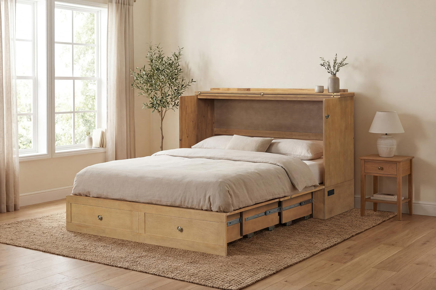 Mega Solutions Breeze Murphy Cabinet Chest Bed with Charging Station 6 Inch, Queen (Light Oak)