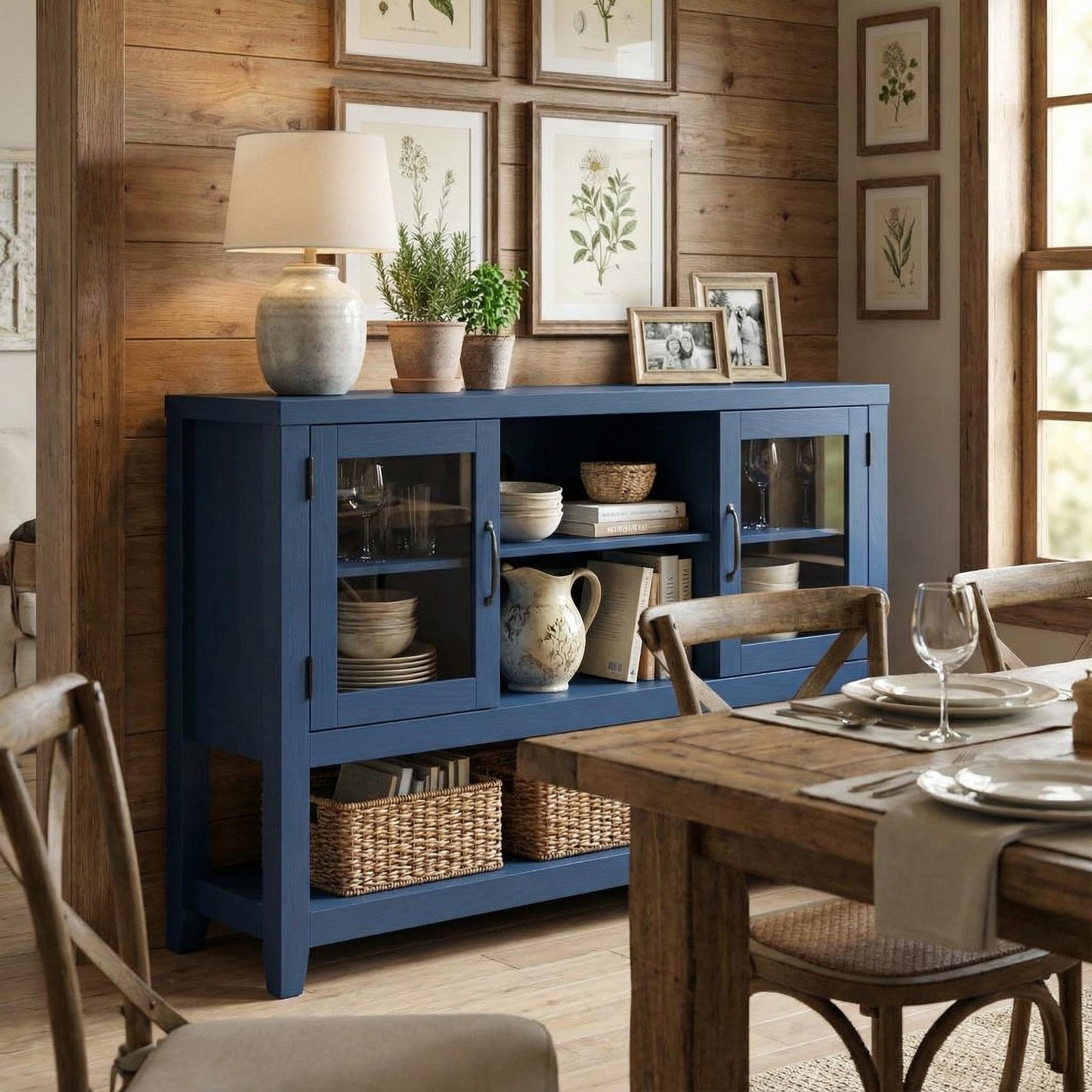 GarveeHome 53 Inch Storage Cabinet Sideboard Buffet Cabinet with 3 Shelves and 2 Glass Doors, Coffee Bar Storage Cabinet, Modern Mid CenturyCoffee Bar Cabinets for Living Room, Kitchen, Entryway