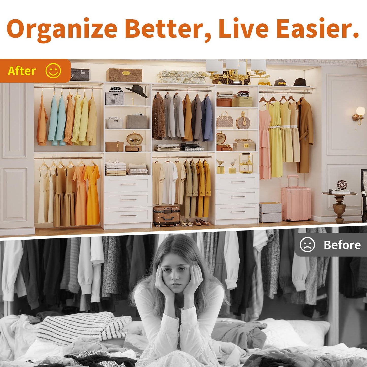 Closet System with 6 Drawers, 6-13FT Closet Organizer System Wood with 8 Shelves & 6 Expandable Hanging Rods, Closet Systems Kit for Walk in Closets, Modular Closet Organizer Systems, 2 Sets,White