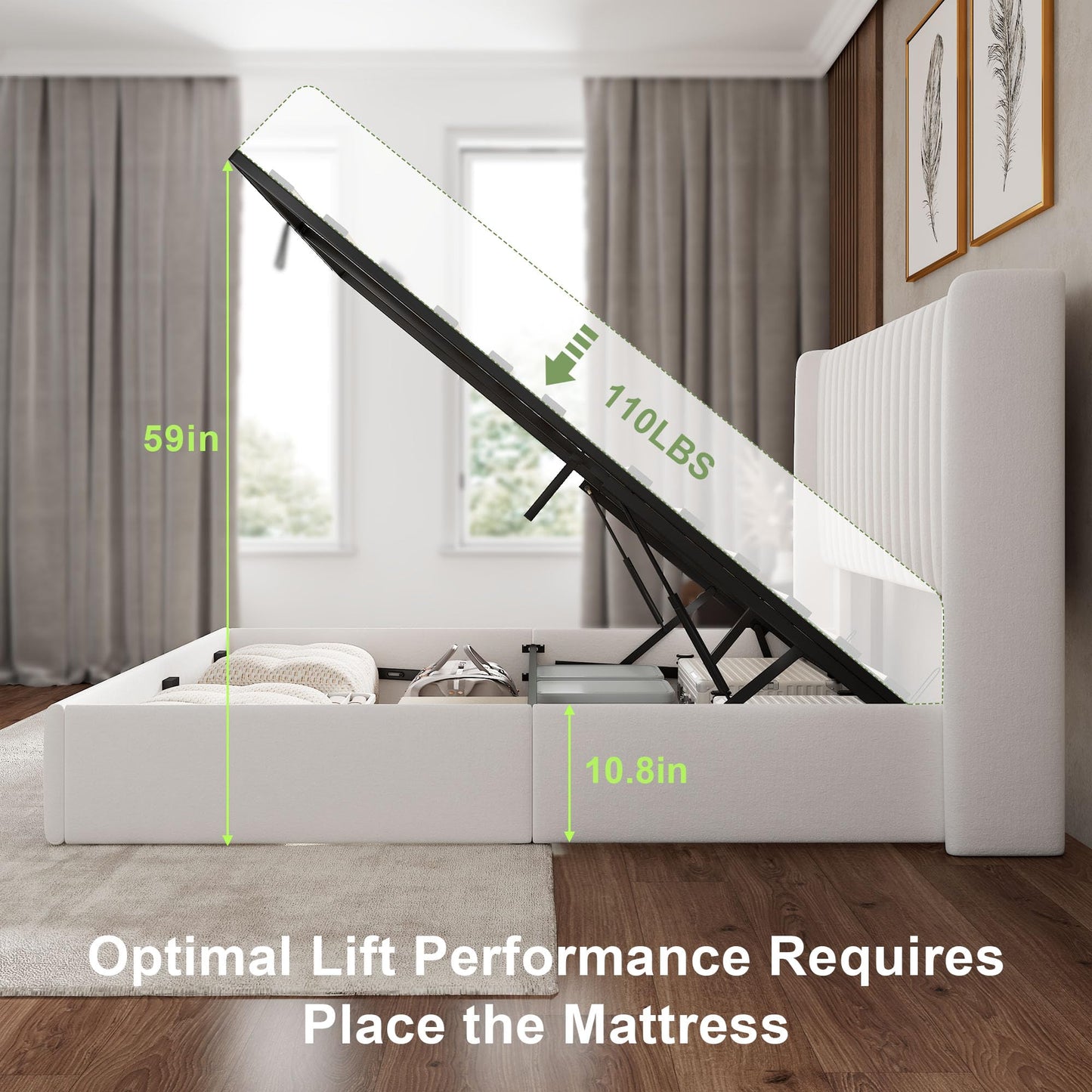 Feonase Queen Size Lift Up Storage Bed Frame, Velvet Upholstered Platform Bed Frame with Wingback Headboard, Hydraulic Storage, No Box Spring Needed, White