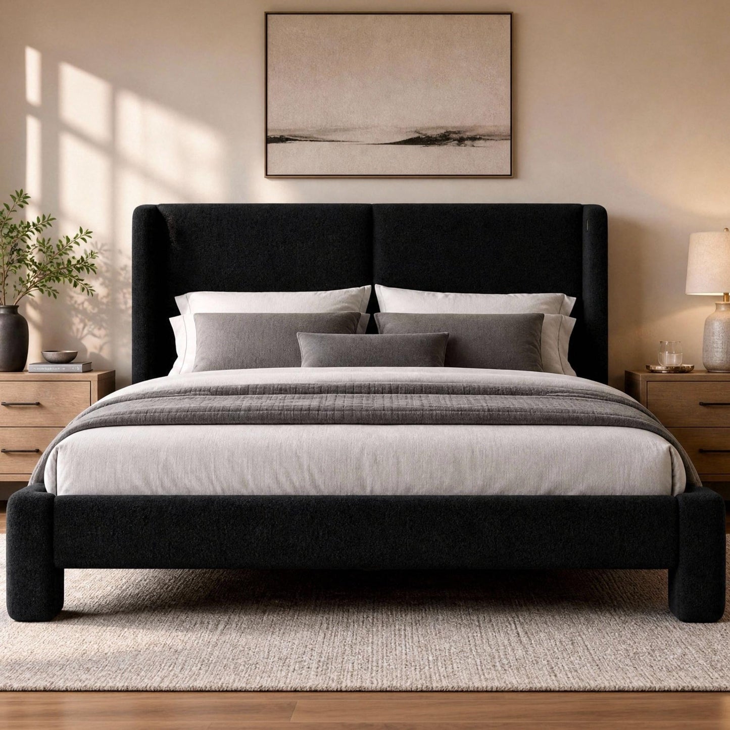 LIKIMIO Queen Bed Frame with Headboard, Upholstered Boucle Platform Bed with USB Ports, Base Camas Queen No Box Spring Needed, Black