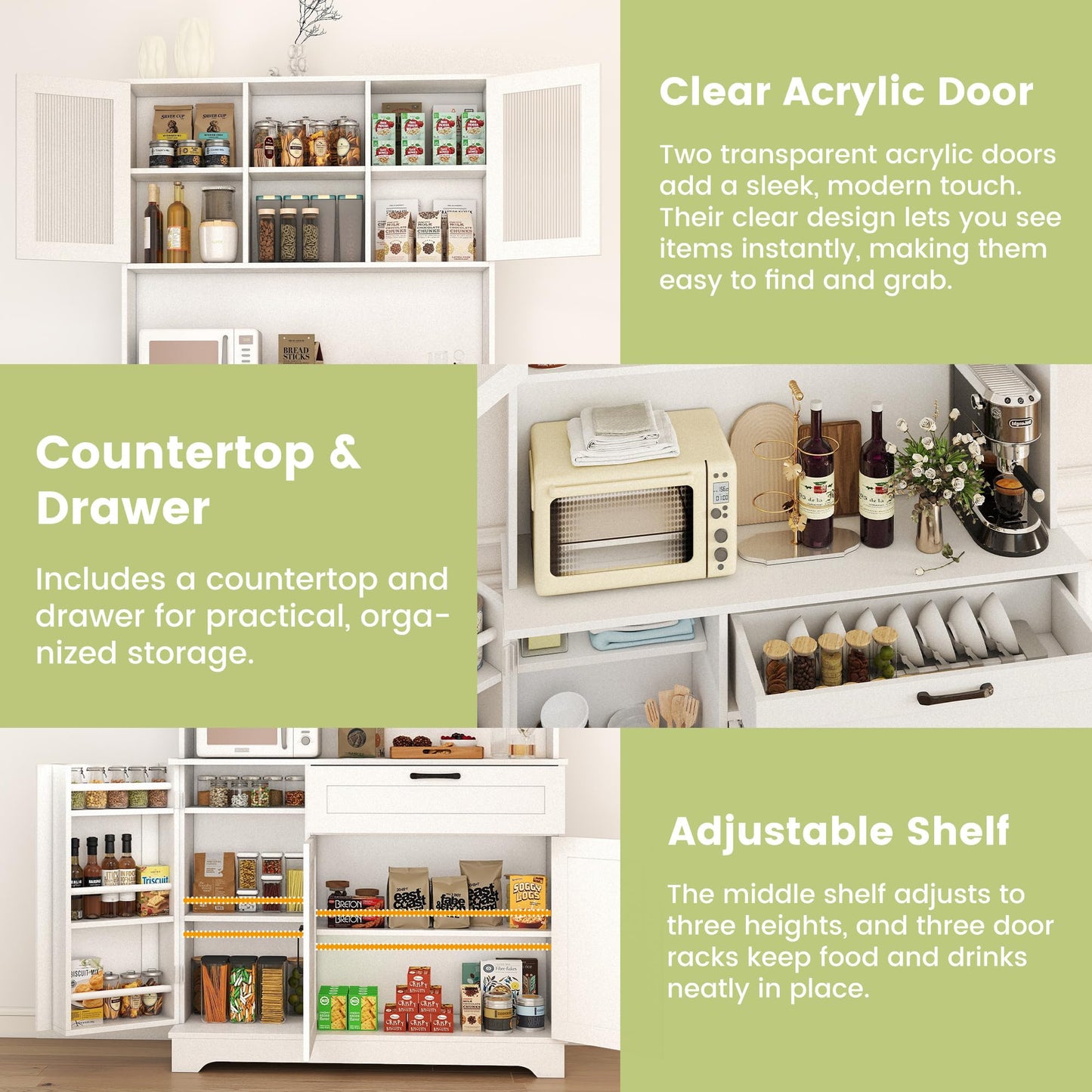 WAYTRIM Kitchen Hutch Cabinet with Storage, White Pantry Cabinet with 4 Doors and Shelves, Pantry Cabinet with Microwave Shelf & Drawers & Adjustable Shelves for Kitchen Dining Room Furniture